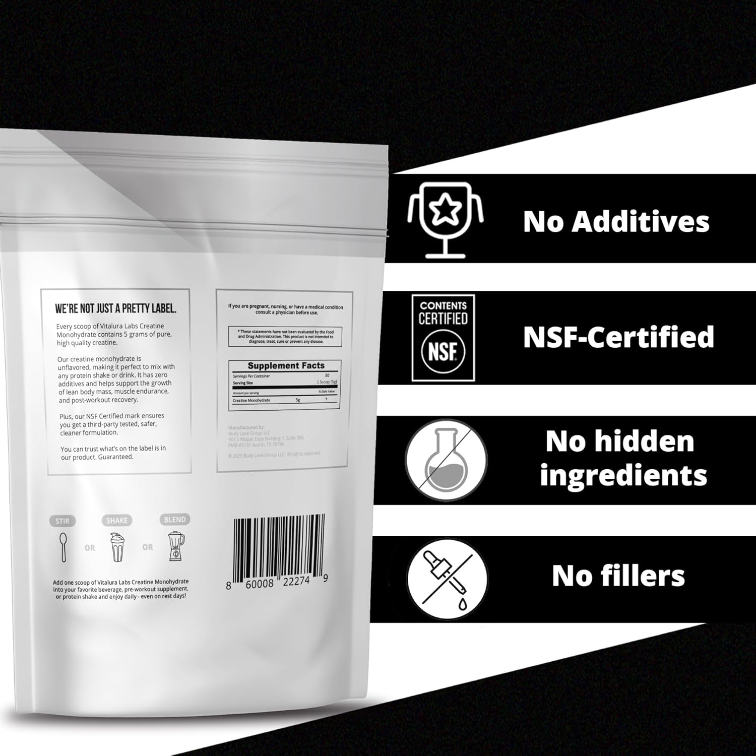 NSF-Certified Unflavored Creatine Powder for Muscle Growth & Recovery - 30 Servings by Vitalura Labs