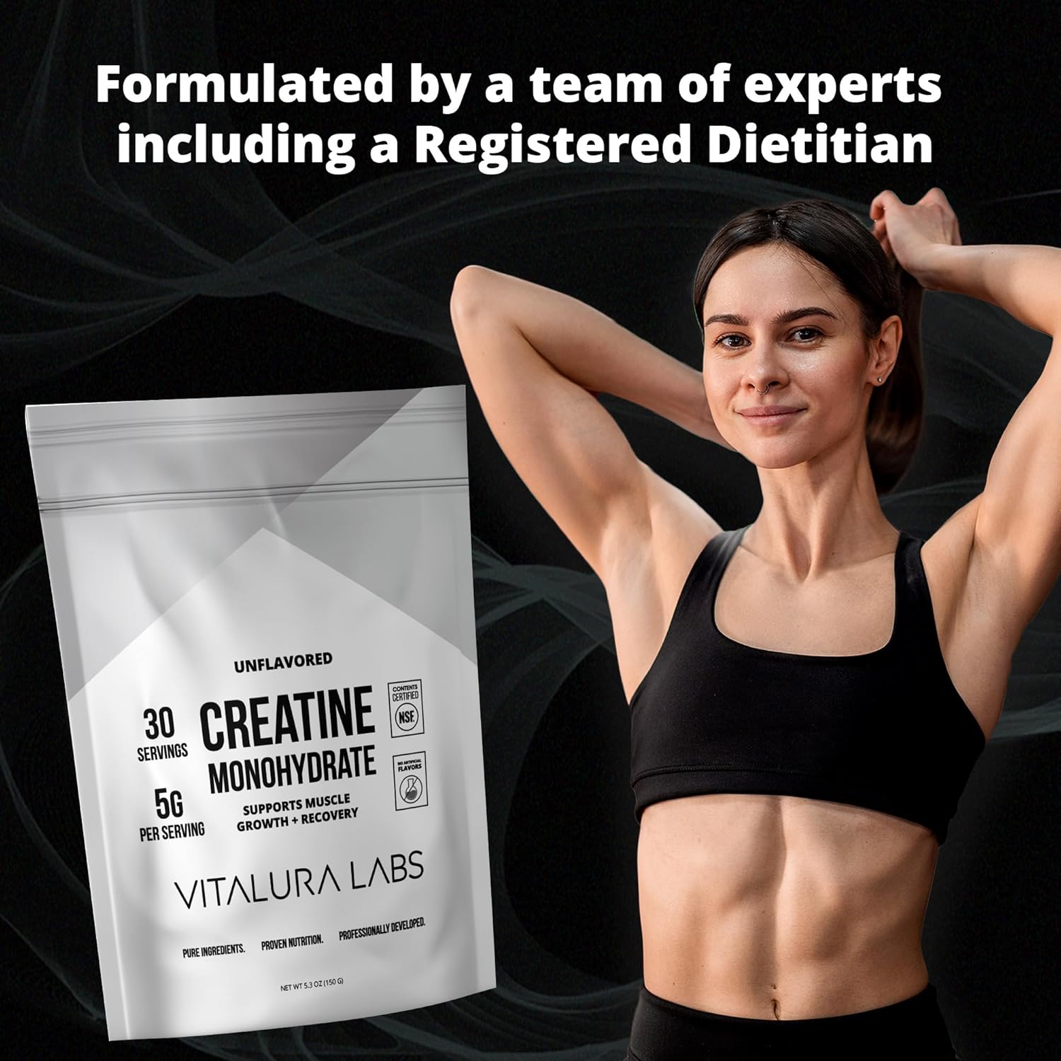 NSF-Certified Unflavored Creatine Powder for Muscle Growth & Recovery - 30 Servings by Vitalura Labs