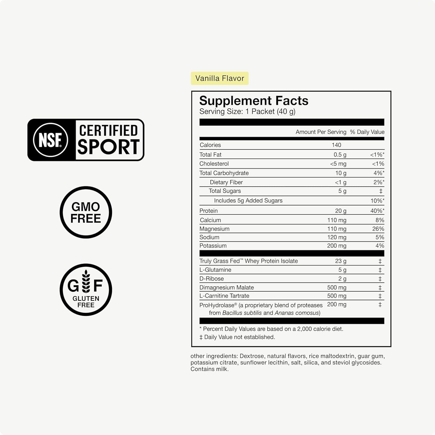 NSF Certified Vanilla Grass-Fed Whey Protein Powder - 20g Isolate Protein for Post-Workout Recovery - Gluten-Free, 15 Servings