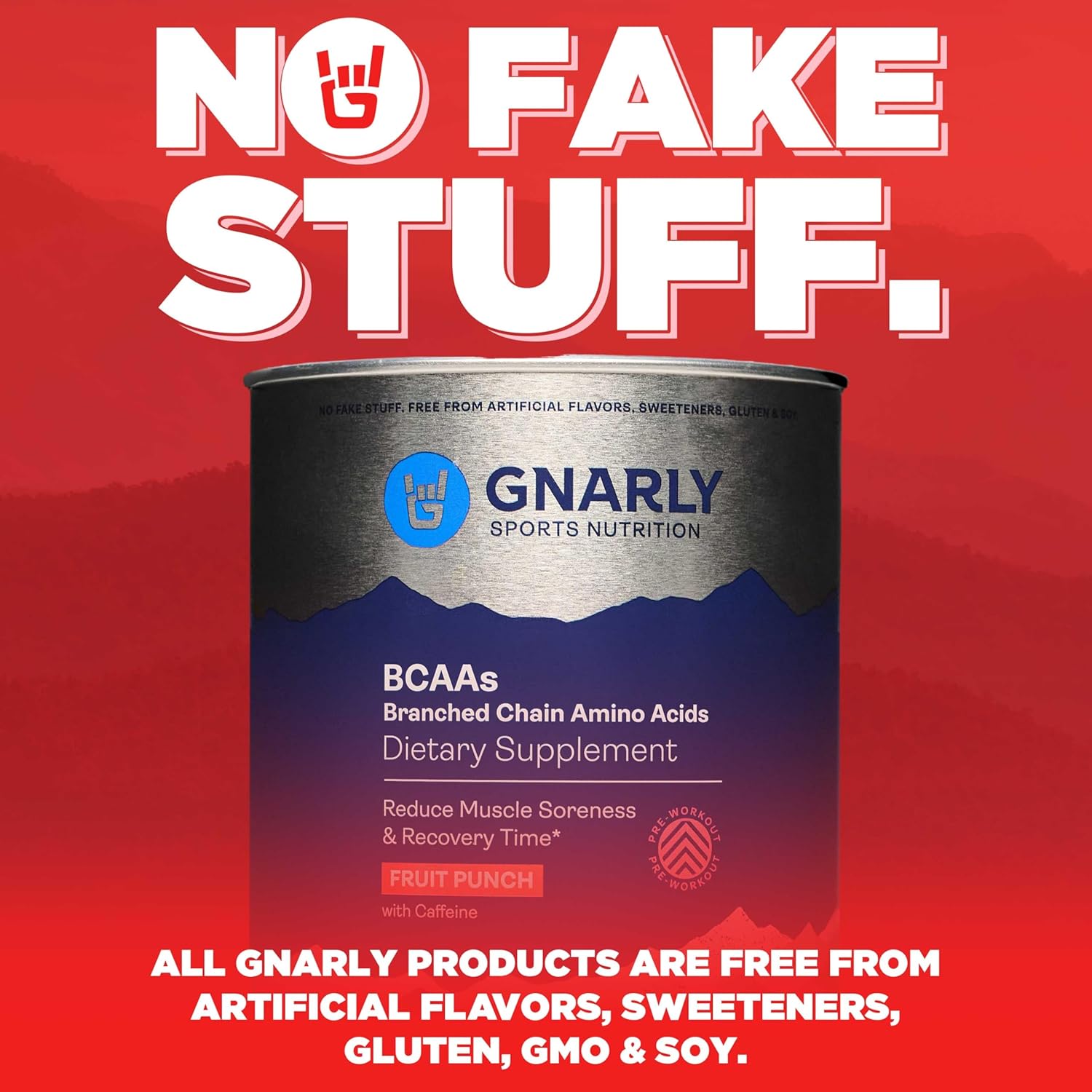 NSF Sport Certified Gnarly Nutrition BCAA Powder - Fruit Punch Flavored Pre-Workout Amino Acids Supplement with Caffeine to Support Muscle Growth and Recovery - 10.58 oz