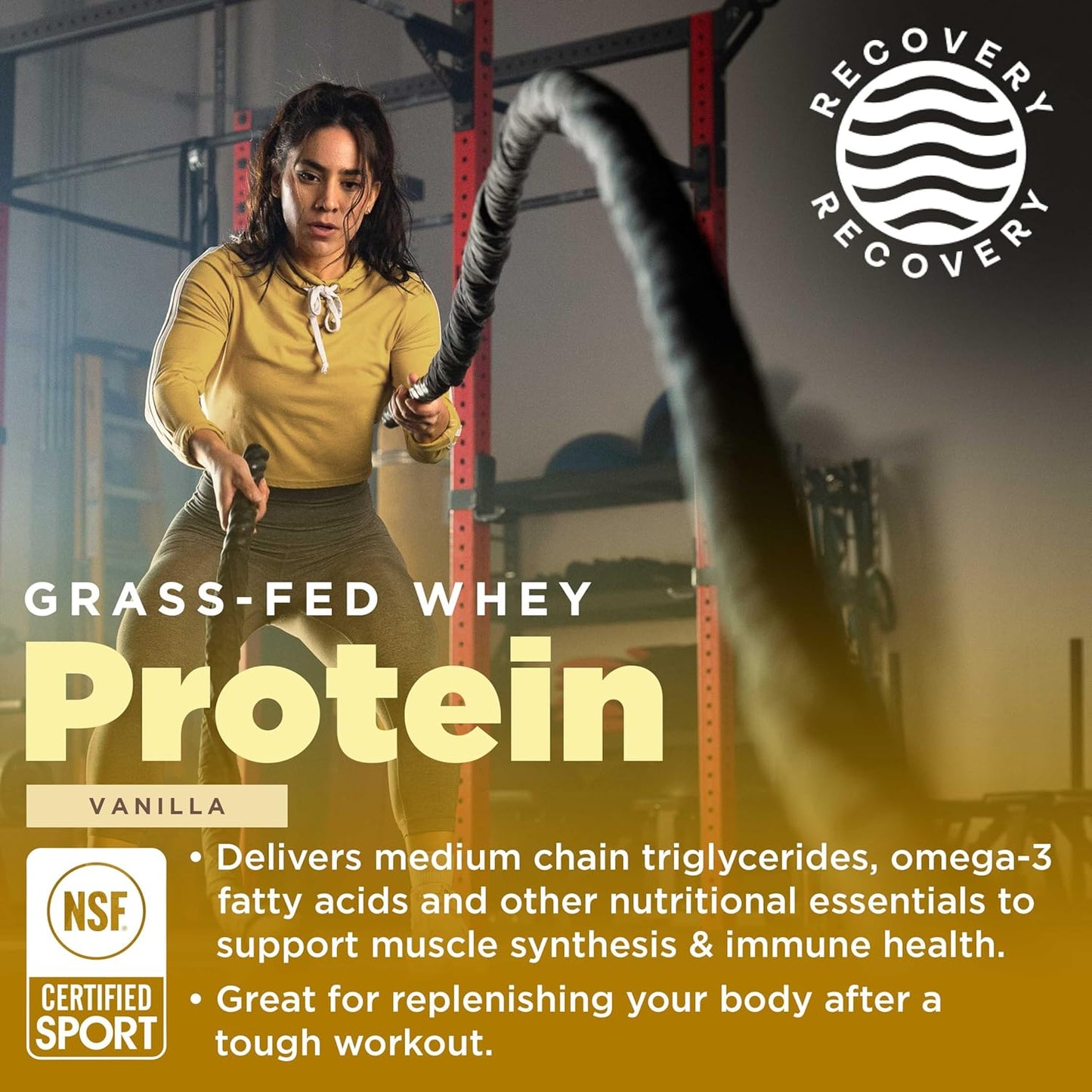 NSF Sport Certified Vanilla Protein Powder, Grass Fed Whey, 25g Protein for Muscle Repair, Smooth Vanilla Taste - 32 oz