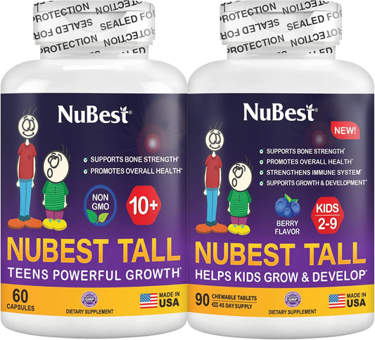NuBest Bundle: Height Growth & Healthy Growth Tall 10+ Supplement - 60 Capsules for Children 10+ and 90 Chewables for Kids 2-9 - Promotes Taller Growth and Bone Strength