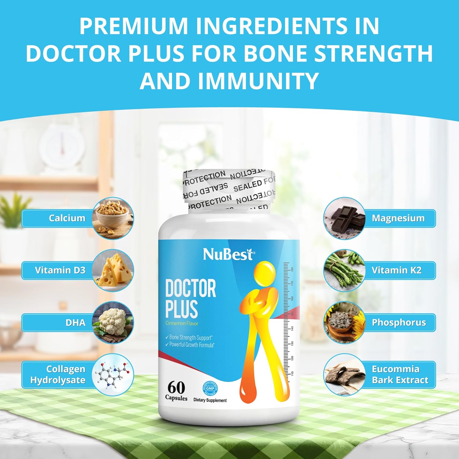 NuBest Doctor Plus Height Growth Formula with Calcium, Vitamins D3, and K2 - Immune Support for Kids and Teens - 6 Pack