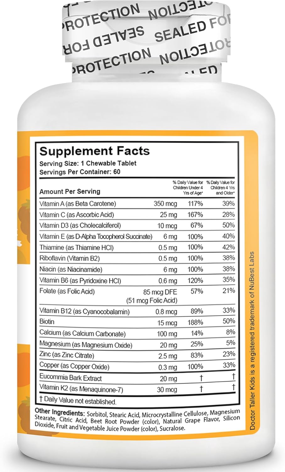 NuBest Doctor Taller Kids Multivitamins - Supports Healthy Height Growth and Bone Strength for Ages 2-9 - Grape Flavor - 360 Vegan Chewable Tablets