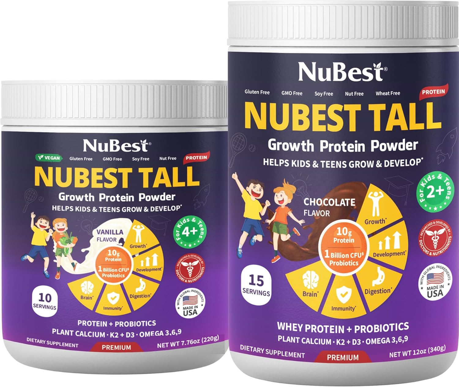 NuBest Kids & Teens Protein Powder Bundle - Vanilla Plant-Based 10 Servings & Chocolate Whey 15 Servings with Probiotics, Omega 3-6-9, Vitamins, and Calcium - Grow Strong Formula