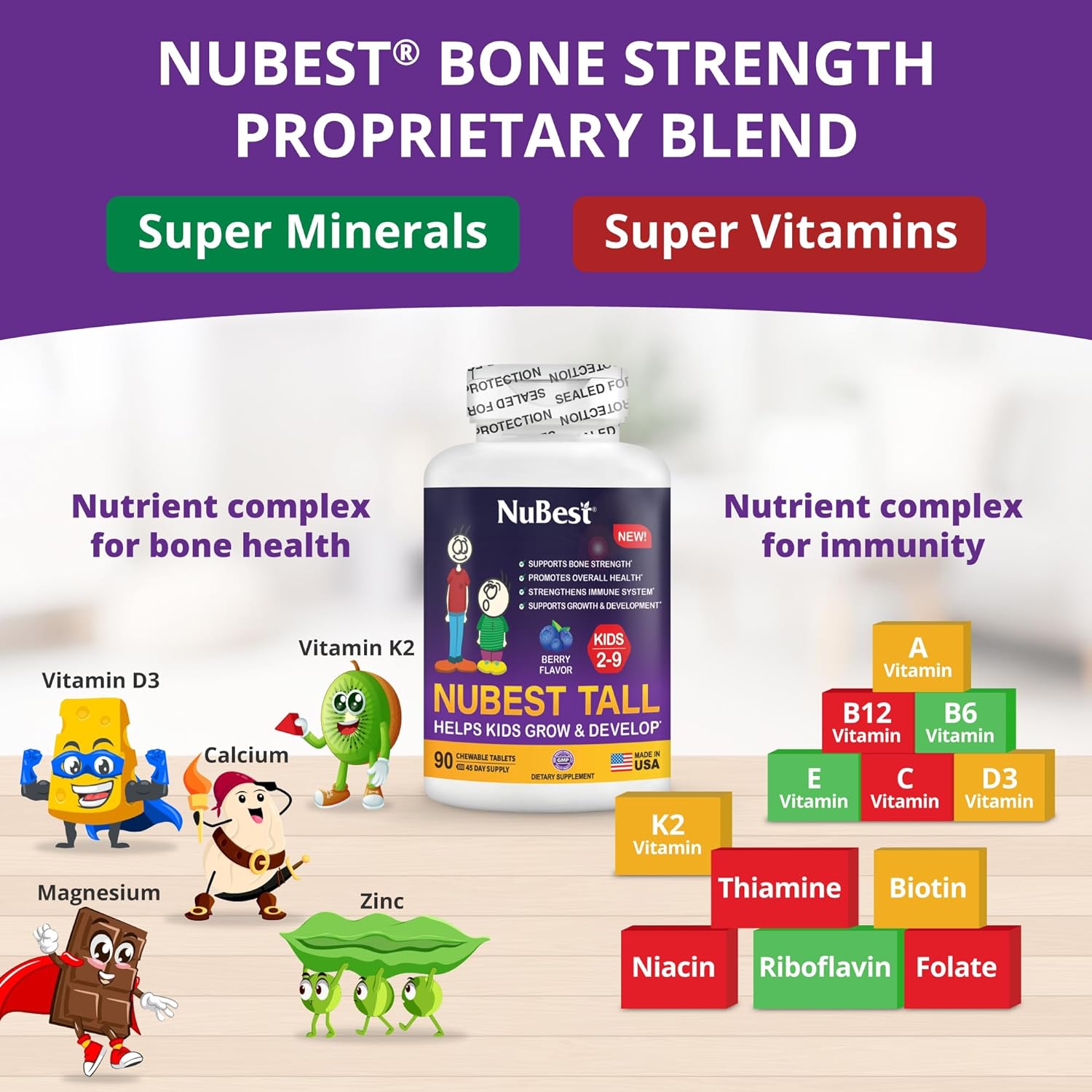 NuBest Tall Kids - Healthy Height Growth & Height Booster with Multivitamins & Minerals for Kids Ages 2-9 | 90 Chewable Tablets - 6 Pack