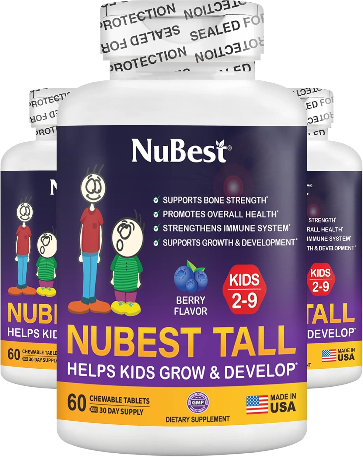 NuBest Tall Kids Vitamins for Toddlers & Kids 2-9 - Promotes Growth, Immunity, & Bone Strength - 60 Chewable Berry Tablets (3 Pack)