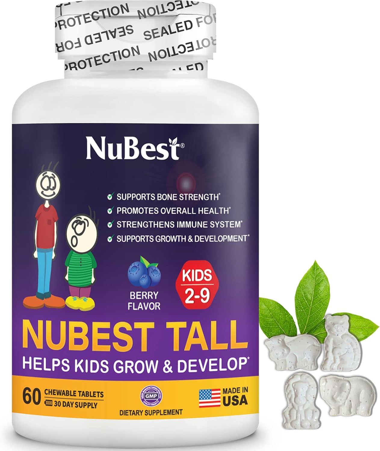 NuBest Tall Kids Vitamins for Toddlers & Kids 2-9 - Promotes Growth, Immunity, & Bone Strength - 60 Chewable Berry Tablets (3 Pack)