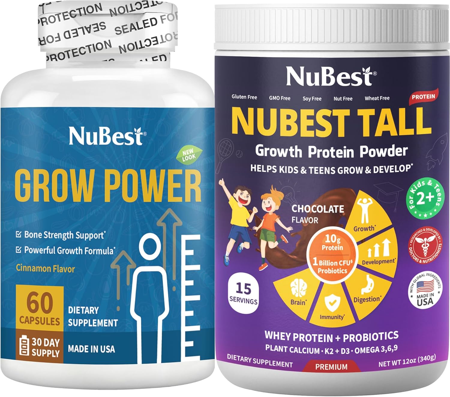 NuBest Tall Protein Powder Chocolate & Grow Power Bundle for Healthy Height Growth & Bone Strength - Grow Strong for Teens