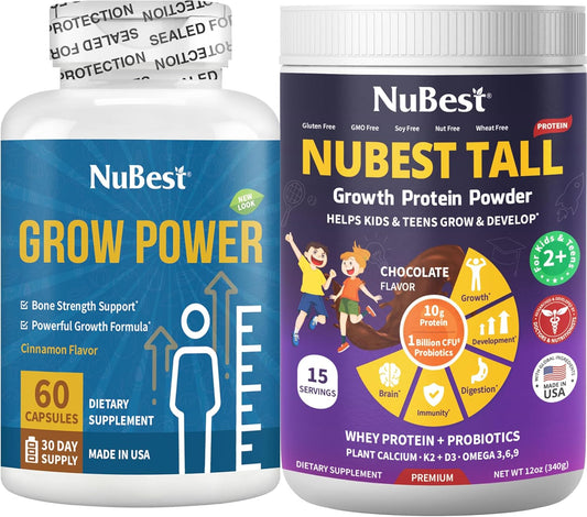 NuBest Tall Protein Powder Chocolate & Grow Power Bundle for Healthy Height Growth & Bone Strength - Grow Strong for Teens