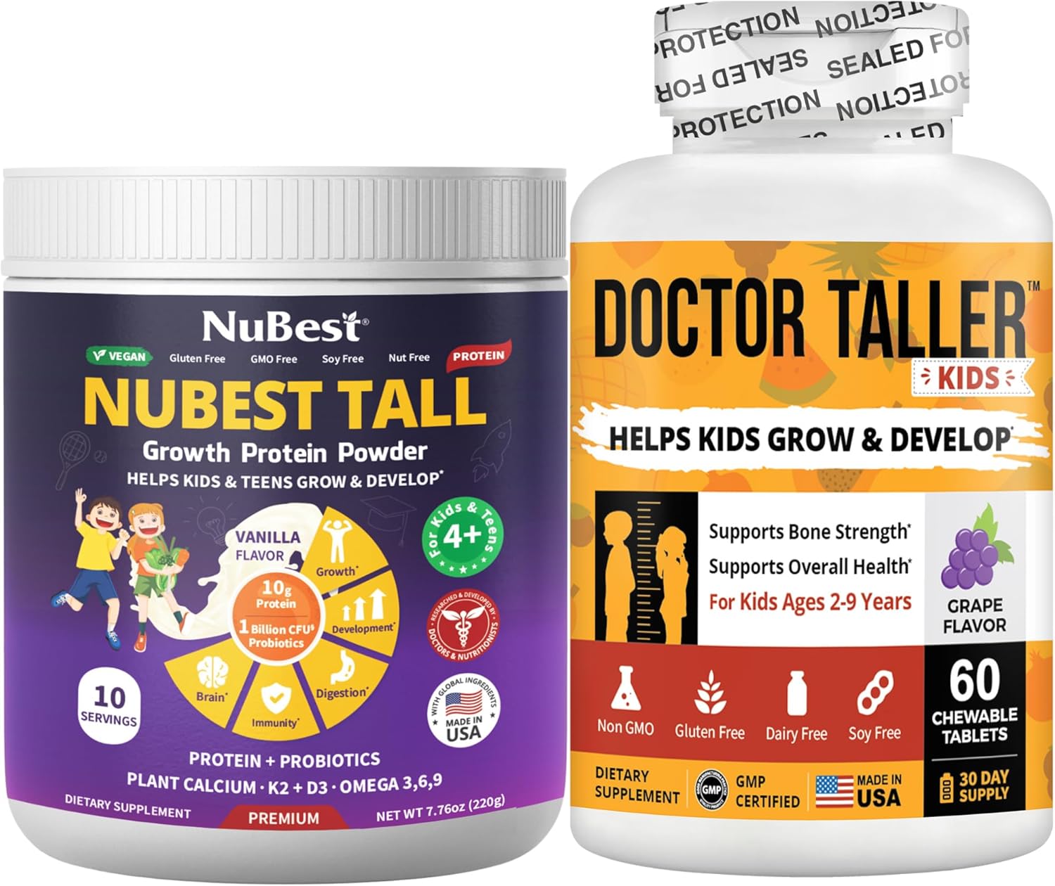 NuBest Tall Vanilla Vegan Protein Powder & Doctor Taller Kids Multivitamin Bundle - 10 Servings Protein + 60 Chewable Multivitamins - Grape Flavor for Bone Health & Immunity