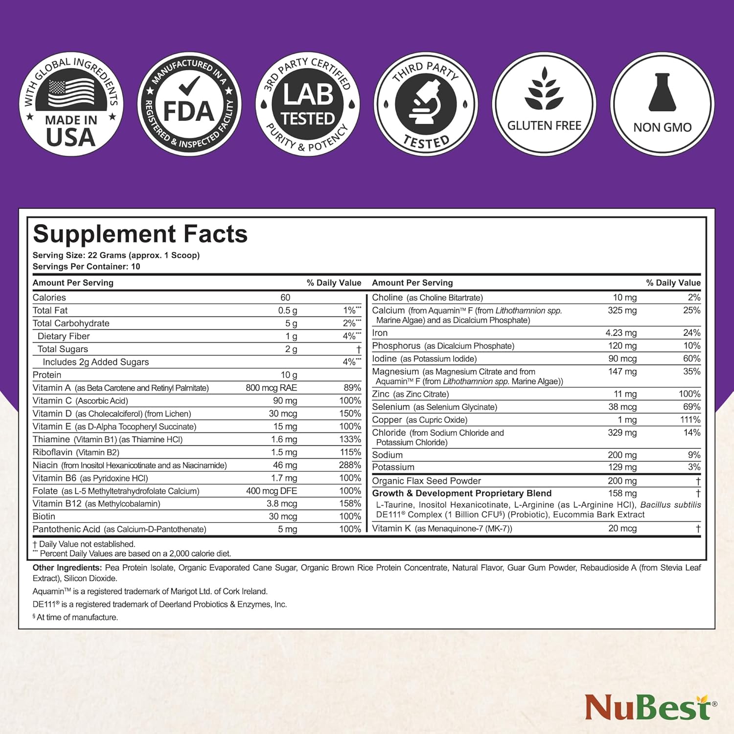 NuBest Tall Vanilla Vegan Protein Powder & Doctor Taller Kids Multivitamin Bundle - 10 Servings Protein + 60 Chewable Multivitamins - Grape Flavor for Bone Health & Immunity