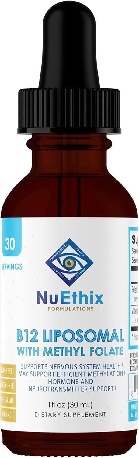 NuEthix Formulations B12 Liposomal with Methyl Folate Dietary Supplement - Supports Metabolism - 1oz, 30 Servings