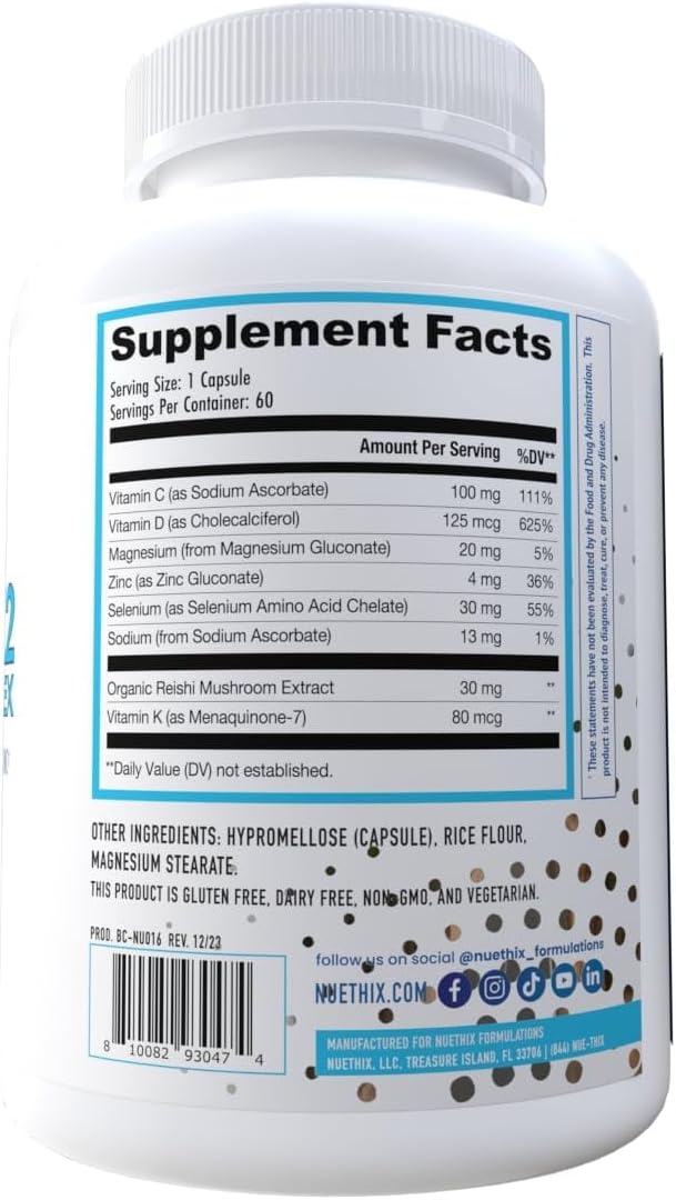 NuEthix Formulations NU-D3 + K2 - Vitamin D3 and K2 5000 iu Supplements with Reishi Mushroom, Magnesium, & Zinc - 60ct - Made in USA