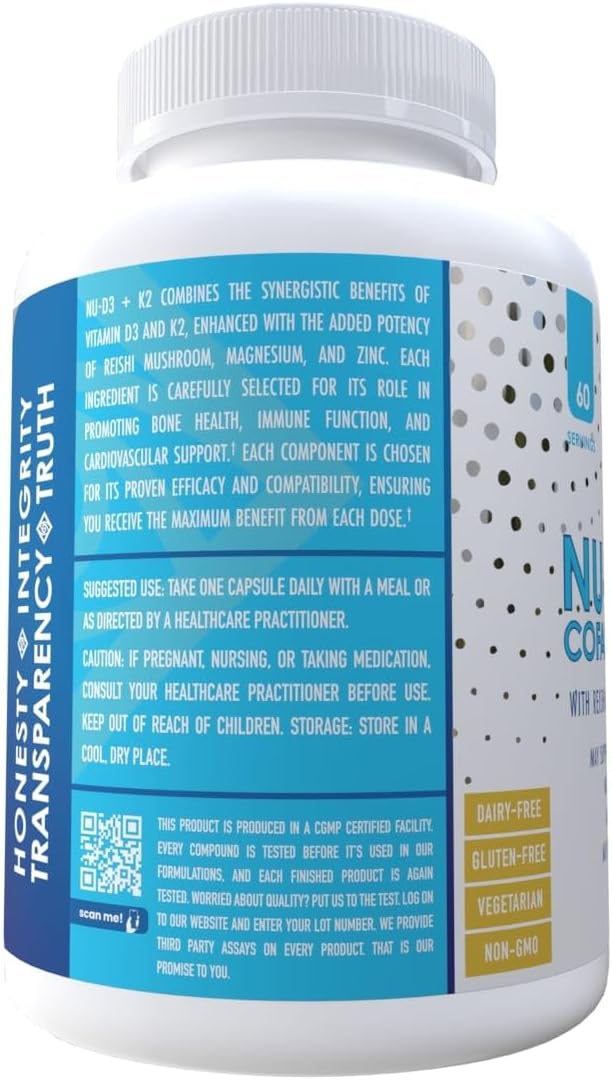 NuEthix Formulations NU-D3 + K2 - Vitamin D3 and K2 5000 iu Supplements with Reishi Mushroom, Magnesium, & Zinc - 60ct - Made in USA