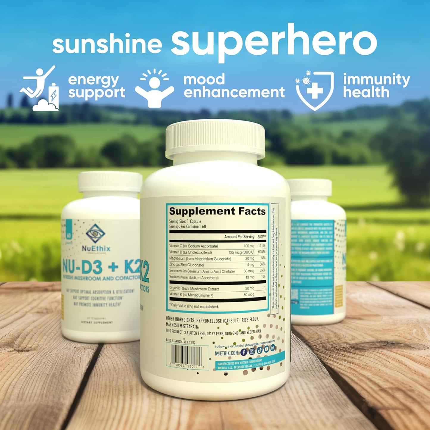 NuEthix Formulations NU-D3 + K2 - Vitamin D3 and K2 5000 iu Supplements with Reishi Mushroom, Magnesium, & Zinc - 60ct - Made in USA