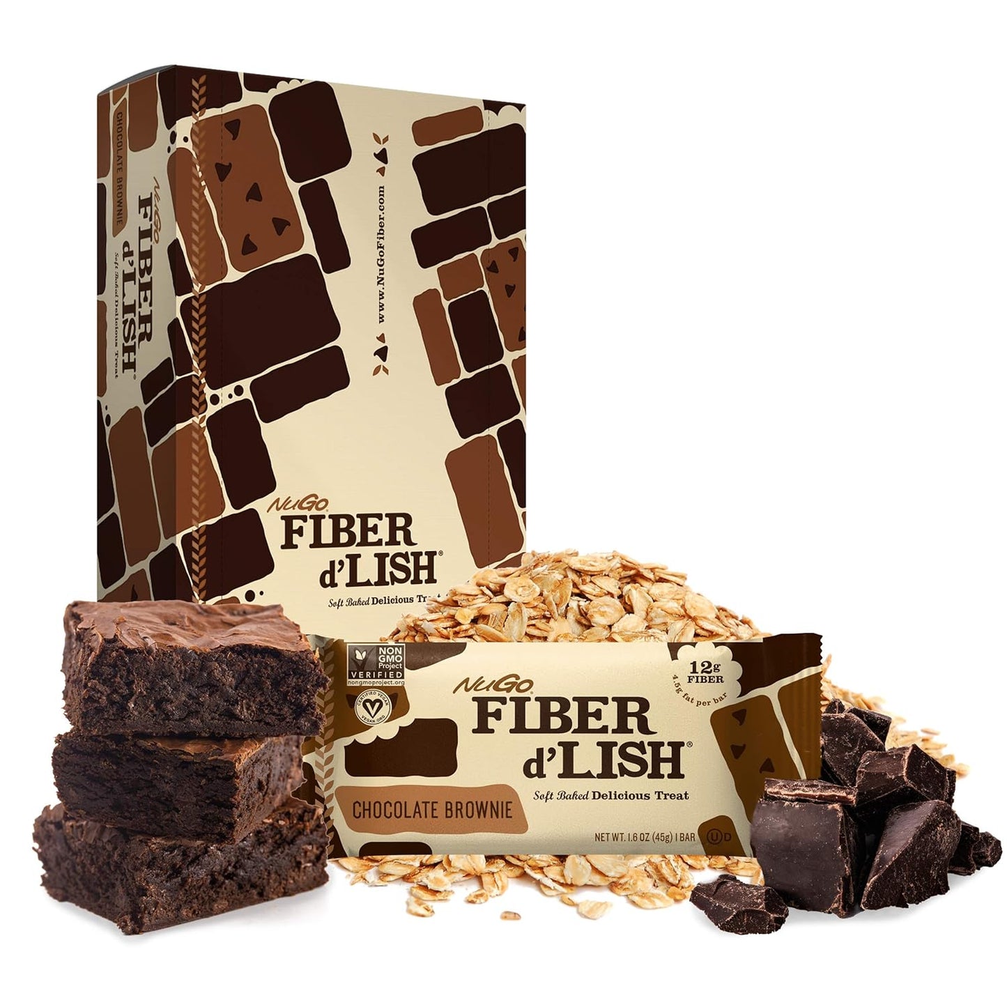 NuGo Fiber d'Lish Chocolate Brownie Bars - High Fiber, Vegan, 150 Calories, Pack of 16