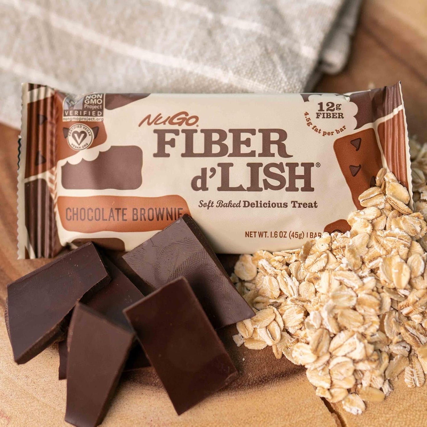 NuGo Fiber d'Lish Chocolate Brownie Bars - High Fiber, Vegan, 150 Calories, Pack of 16