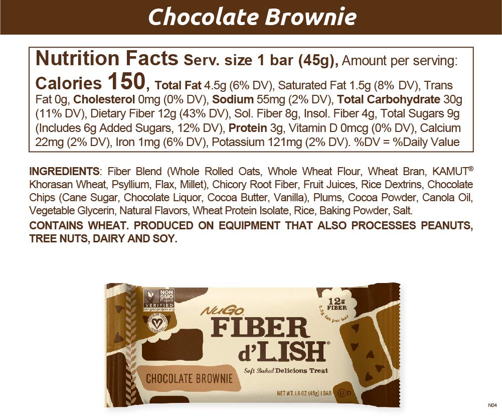 NuGo Fiber d'Lish Chocolate Brownie Bars - High Fiber, Vegan, 150 Calories, Pack of 16