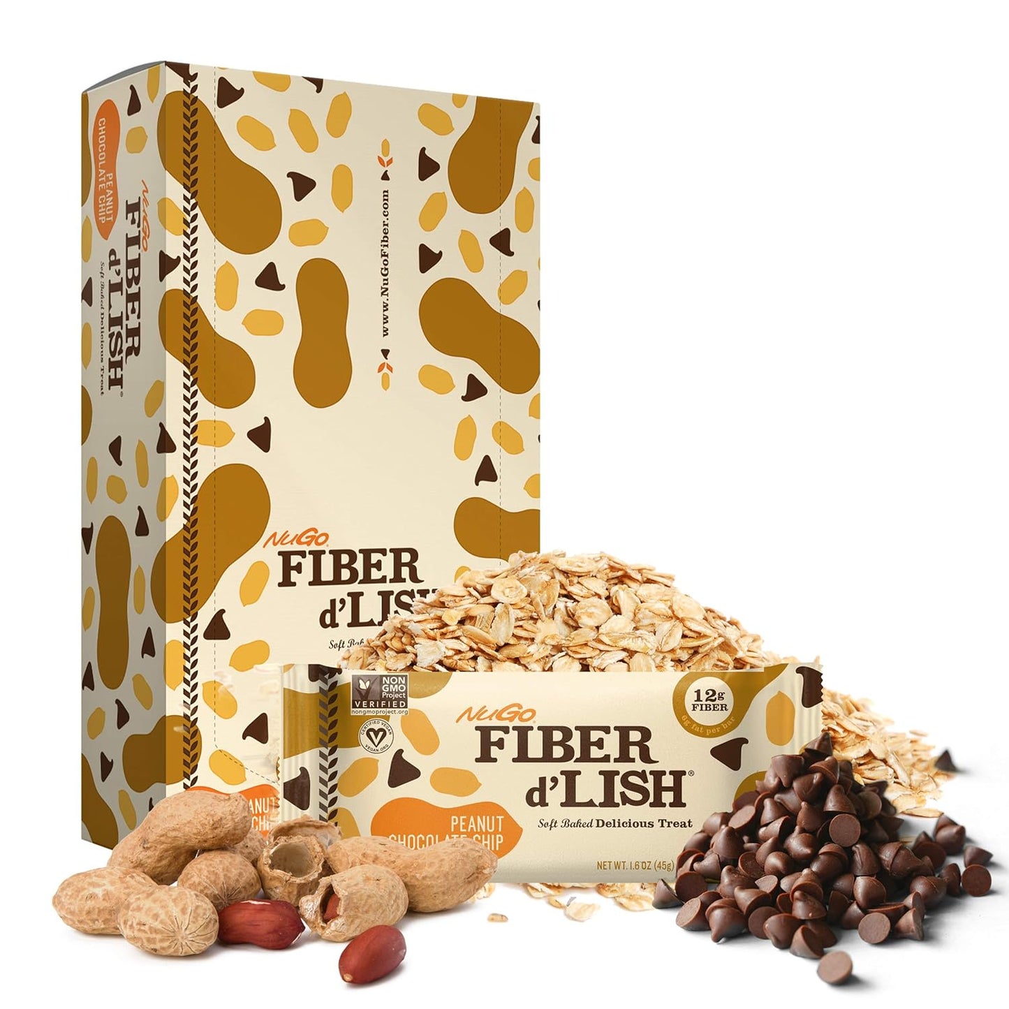 NuGo Fiber d'Lish Peanut Chocolate Chip Bars - 12g Fiber, Vegan, 160 Calories - 16 Pack