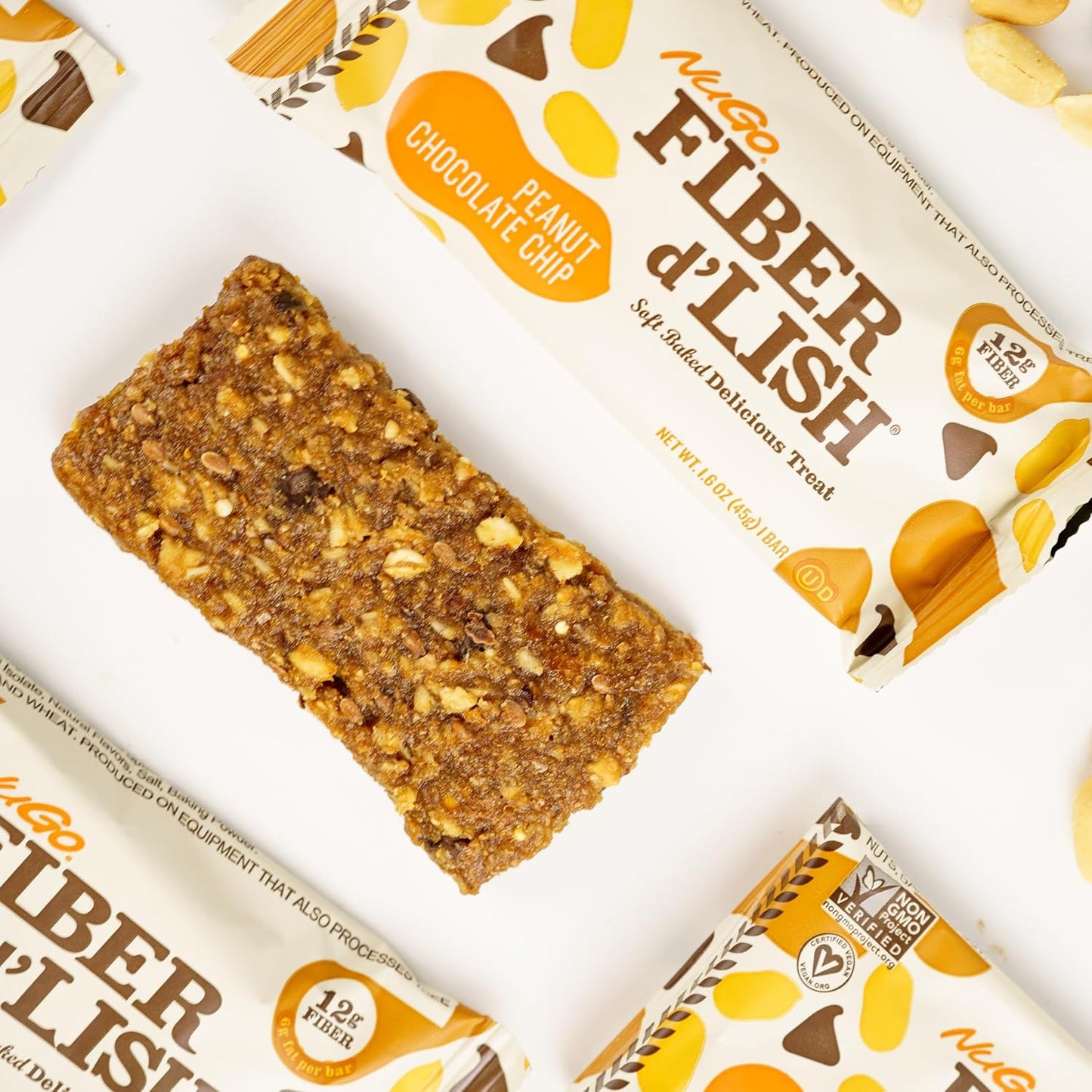 NuGo Fiber d'Lish Peanut Chocolate Chip Bars - 12g Fiber, Vegan, 160 Calories - 16 Pack