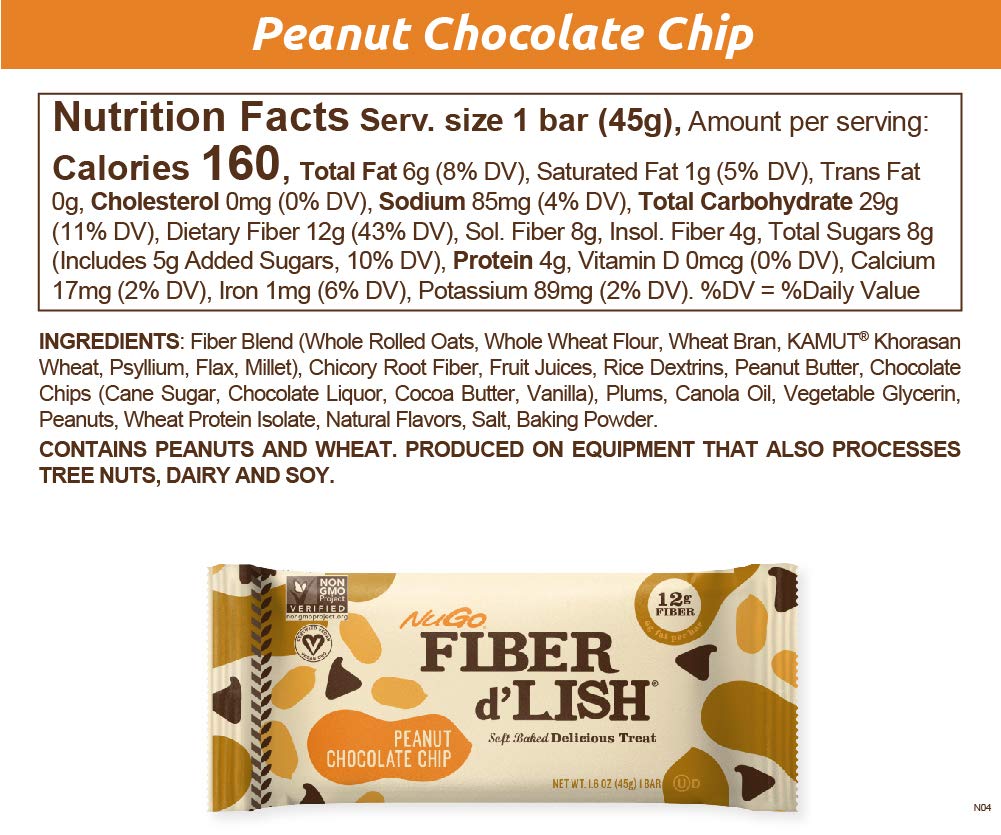 NuGo Fiber d'Lish Peanut Chocolate Chip Bars - 12g Fiber, Vegan, 160 Calories - 16 Pack