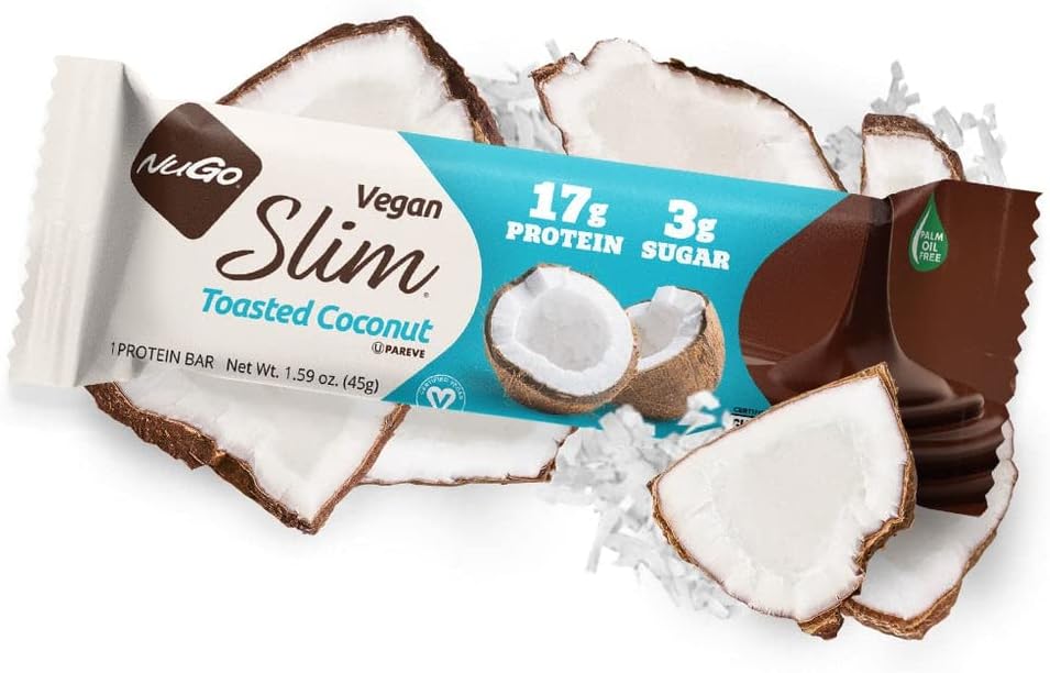 NuGo Slim Dark Chocolate Toasted Coconut Bars - High Protein, Low Sugar, Keto Friendly, Gluten Free - Pack of 12