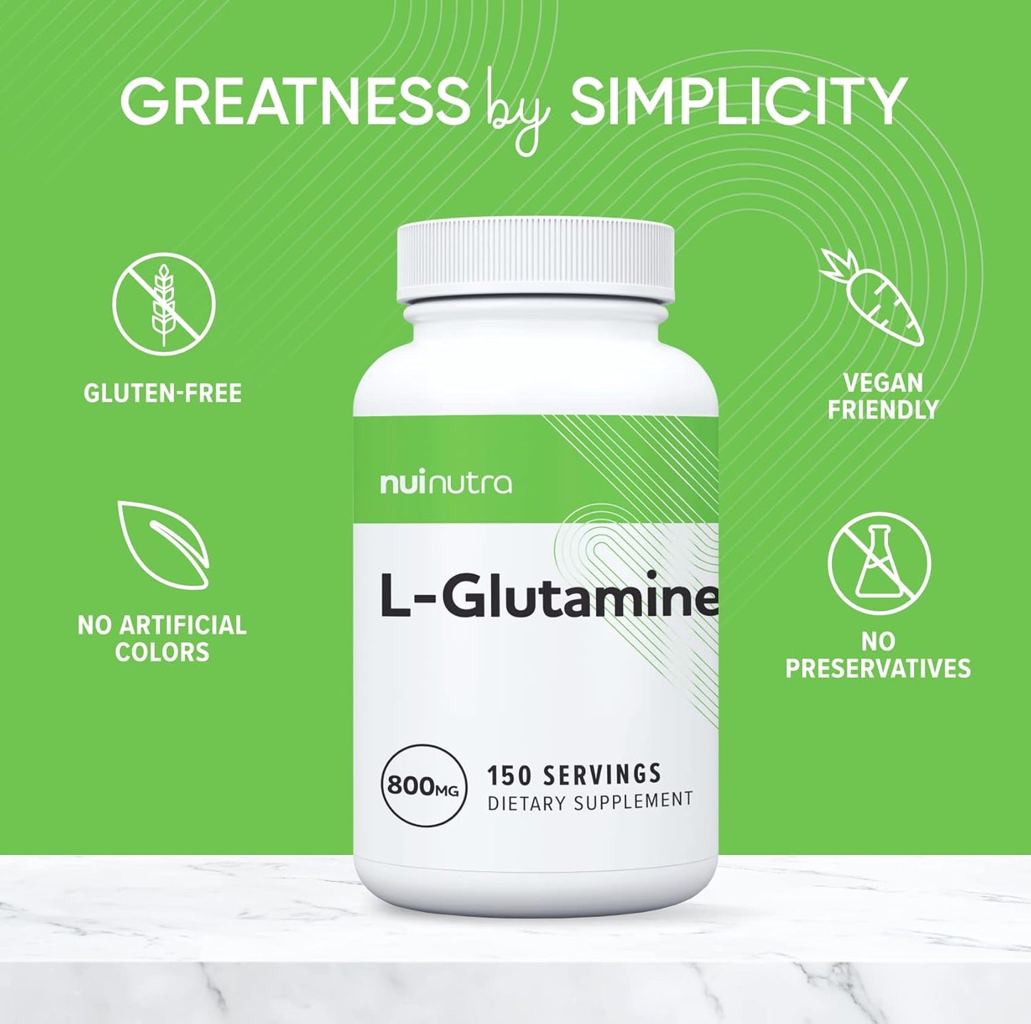 NUI NUTRA L-Glutamine Capsules: 800mg Per Serving, 150 Capsules - Promotes Muscle Recovery
