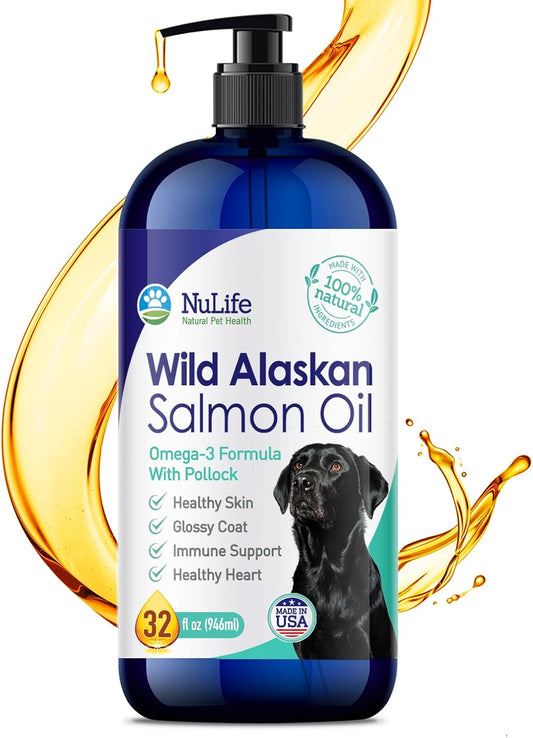 NuLife Natural Pet Health Wild Alaskan Salmon Oil for Dogs, Omega 3 Formula with Pollock, Liquid Skin and Coat Supplement, 32 oz Bottle
