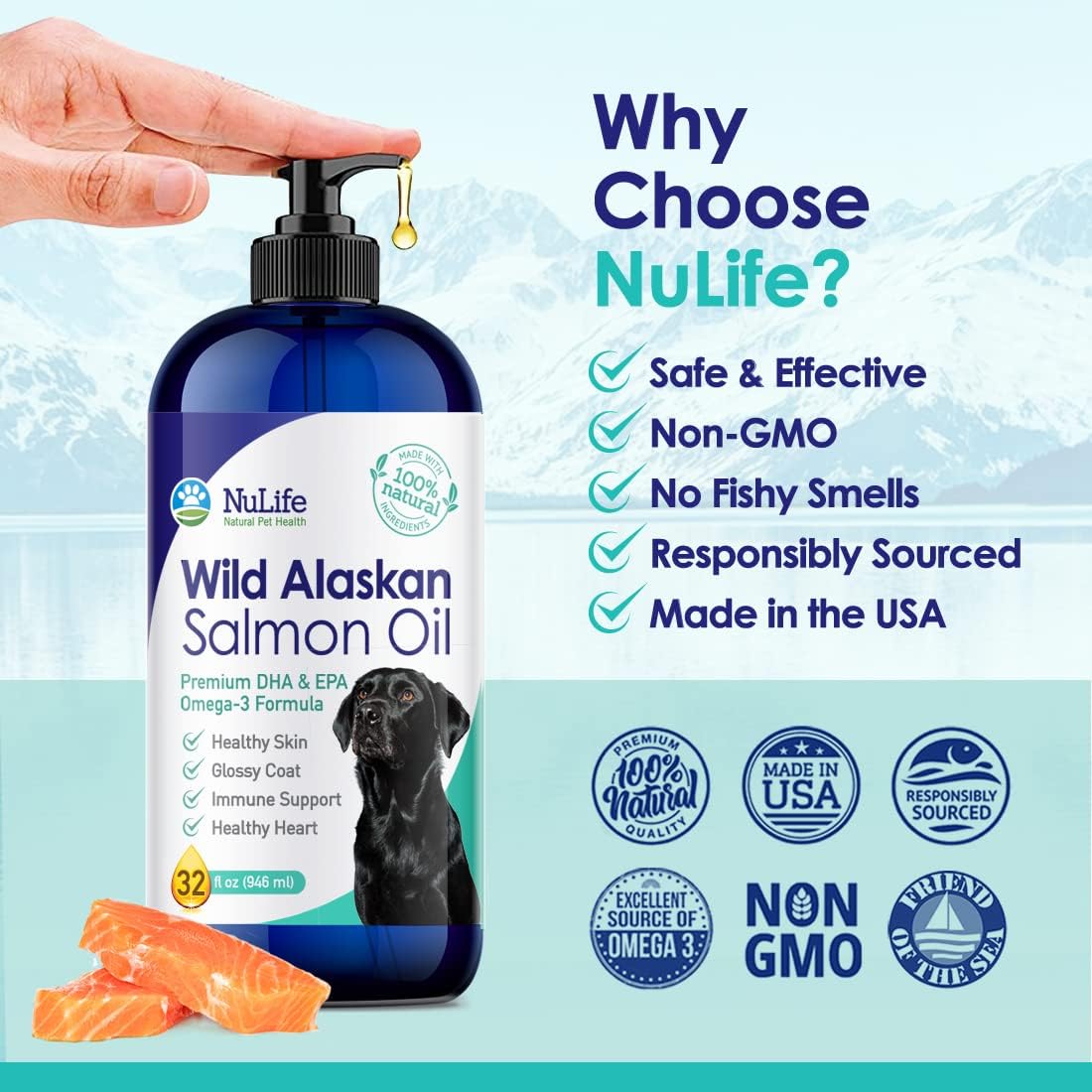 NuLife Natural Pet Health Wild Alaskan Salmon Oil for Dogs, Omega 3 Formula with Pollock, Liquid Skin and Coat Supplement, 32 oz Bottle