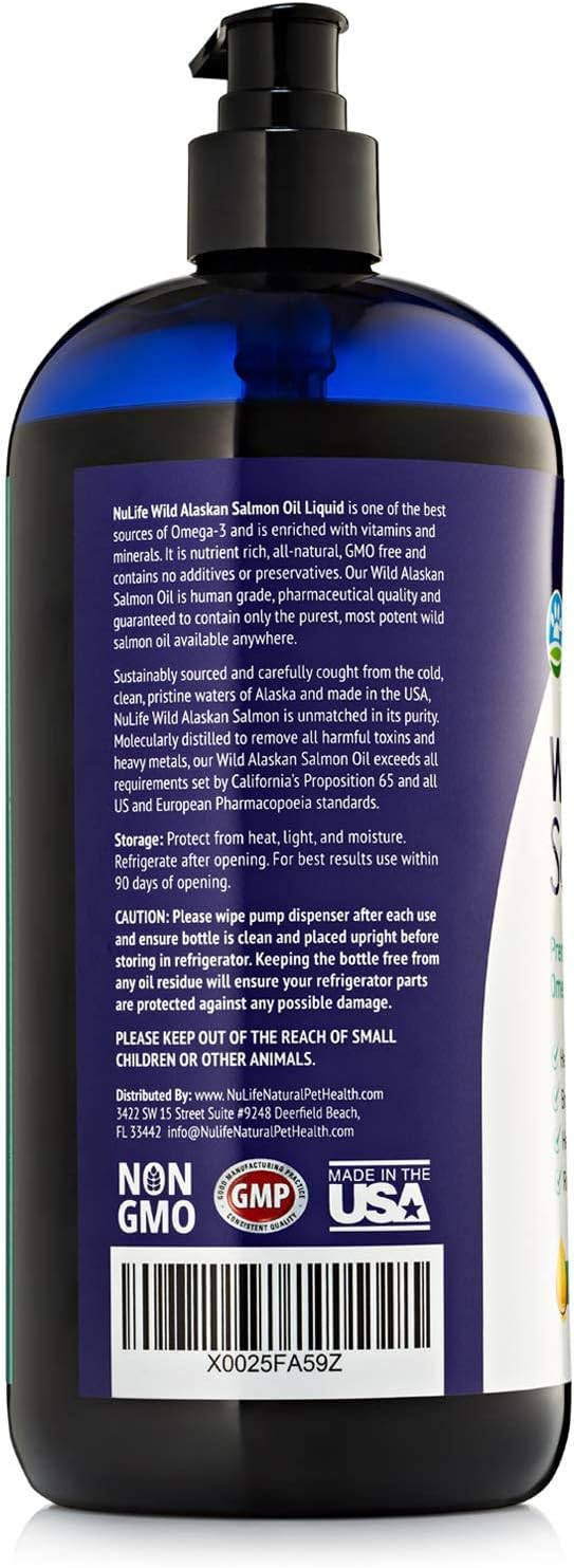 NuLife Natural Pet Health Wild Alaskan Salmon Oil for Dogs, Omega 3 Formula with Pollock, Liquid Skin and Coat Supplement, 32 oz Bottle