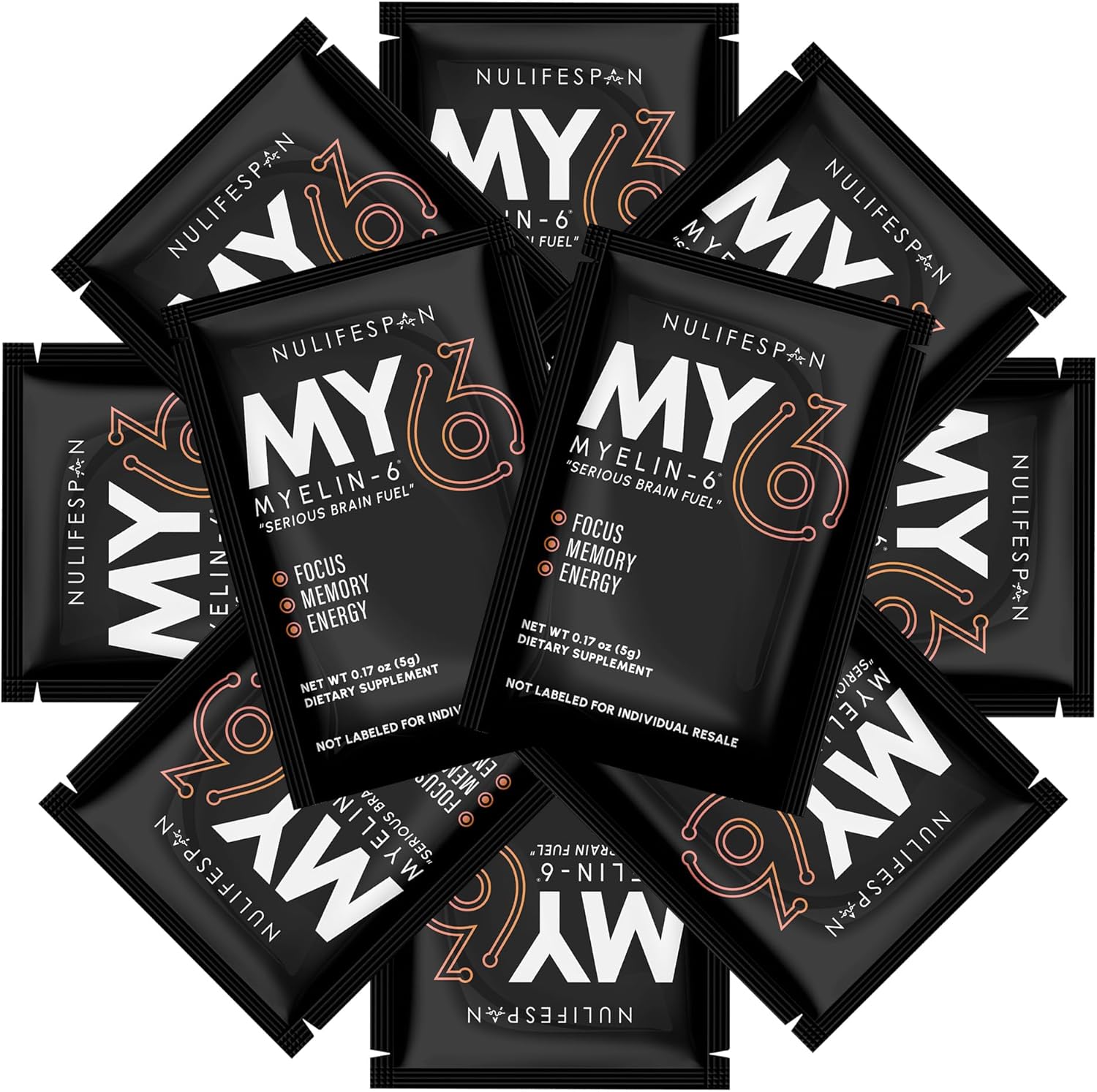 Nulifespan Myelin-6 Sampler Pack: Focus Supplement with AlphaSize for Brain Wellness, Memory & Cognitive Function, Orange Tangerine Flavor, 10 Single Serve Packs, Gluten-Free & Non-GMO