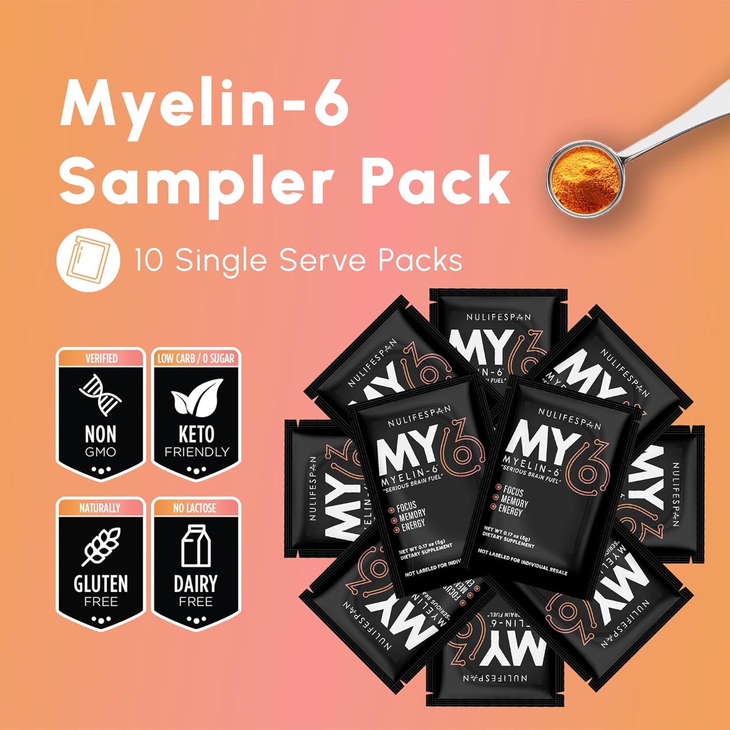 Nulifespan Myelin-6 Sampler Pack: Focus Supplement with AlphaSize for Brain Wellness, Memory & Cognitive Function, Orange Tangerine Flavor, 10 Single Serve Packs, Gluten-Free & Non-GMO