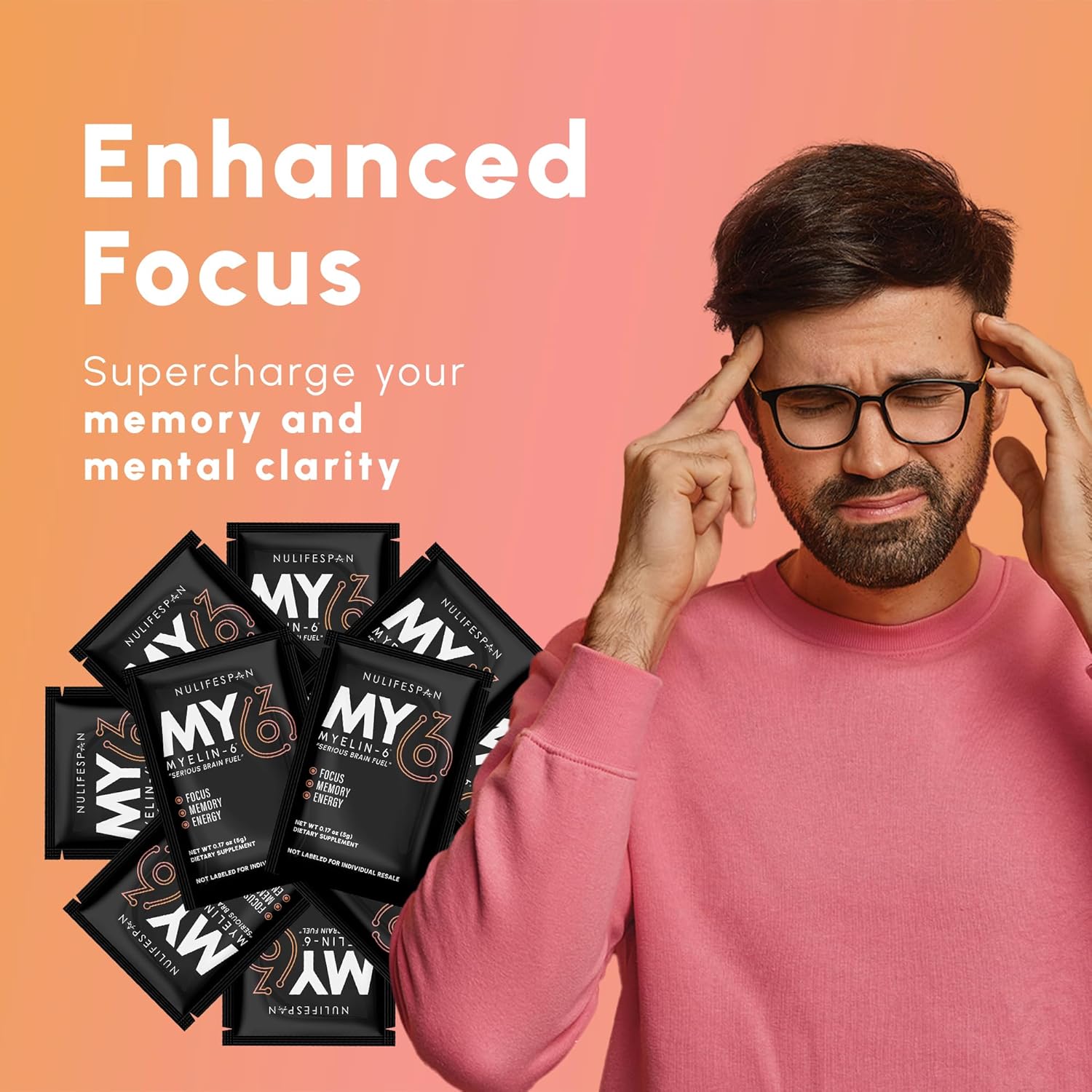 Nulifespan Myelin-6 Sampler Pack: Focus Supplement with AlphaSize for Brain Wellness, Memory & Cognitive Function, Orange Tangerine Flavor, 10 Single Serve Packs, Gluten-Free & Non-GMO