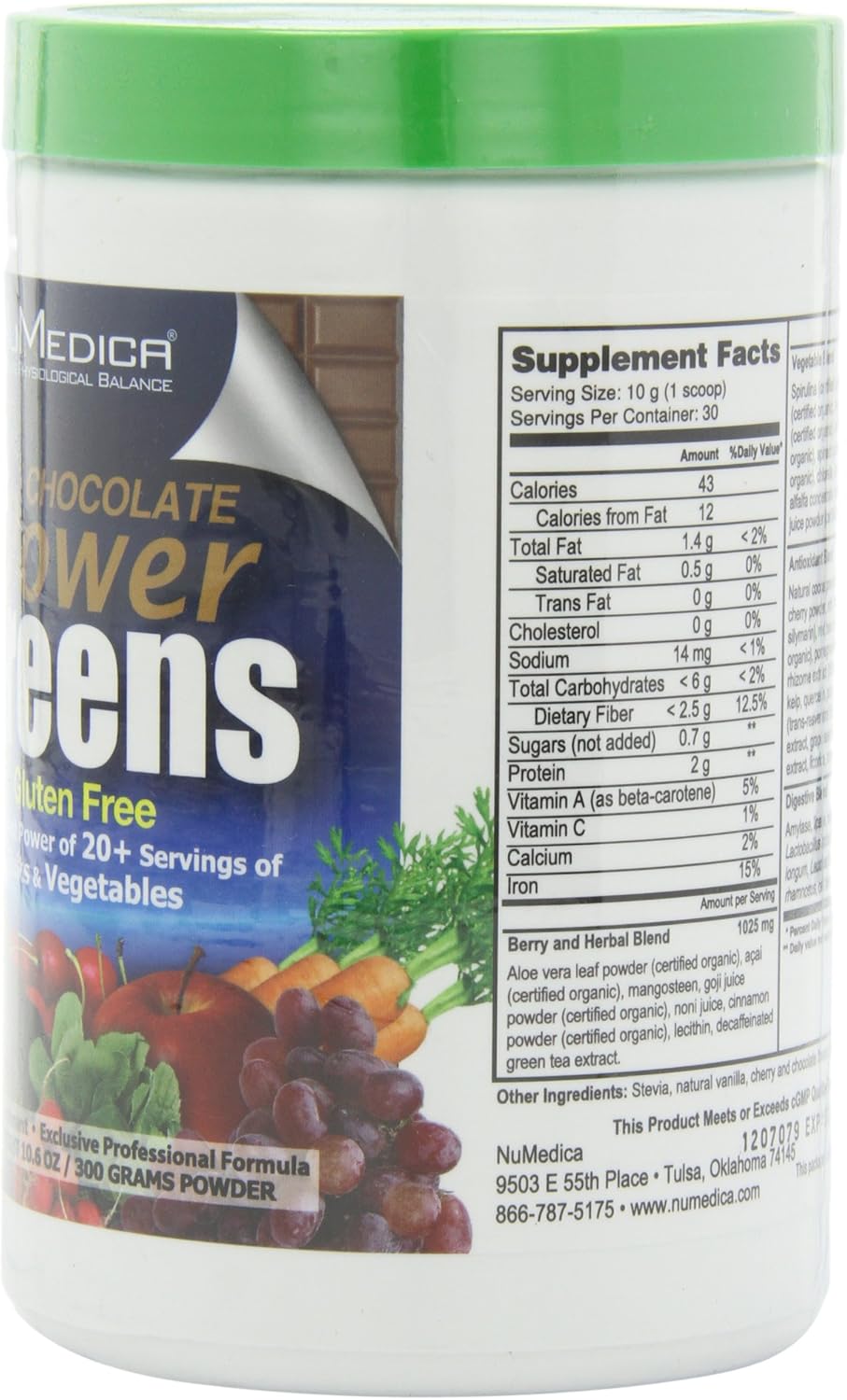 NuMedica Power Greens Chocolate - 300g Powder - 30 Servings - Antioxidant Superfood Supplement