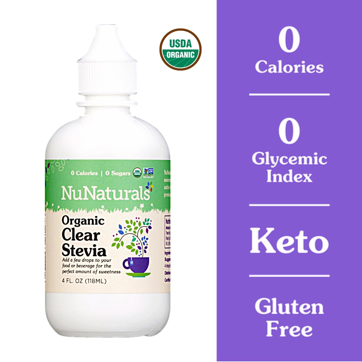NuNaturals Clear Extract Stevia 4 oz - Plant-Based Sweetener in Plastic Bottle