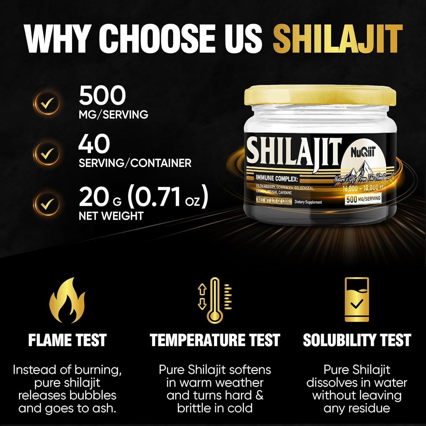 NUQIIT 20 Grams - Shilajit Resin with Elderberry, Echinacea, Goldenseal, Chaga, Reishi, and Cayenne for Immune Support