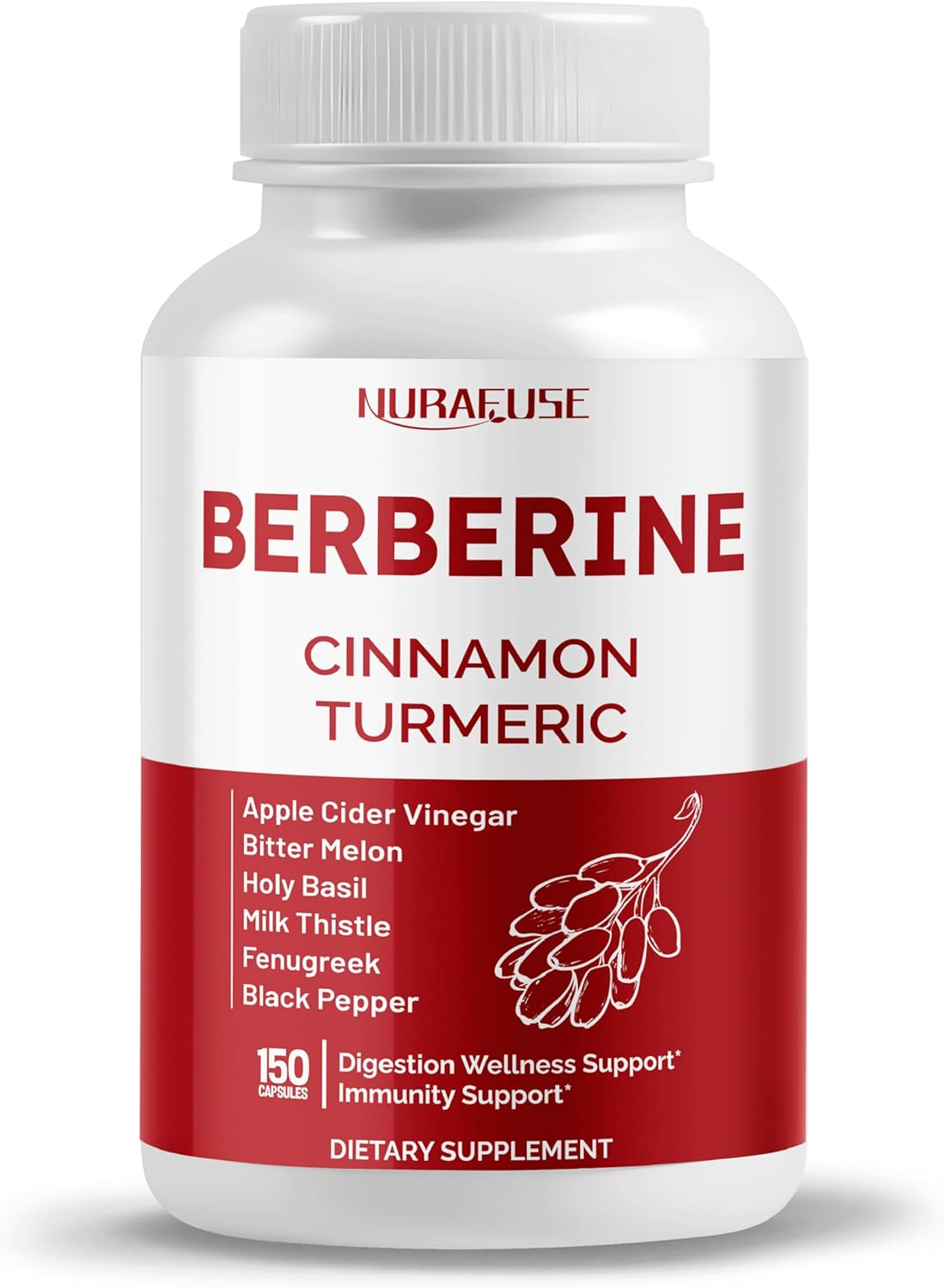 NURAFUSE 14-in-1 Berberine Supplement with Ceylon Cinnamon, Apple Cider Vinegar, Turmeric & More - USA Made