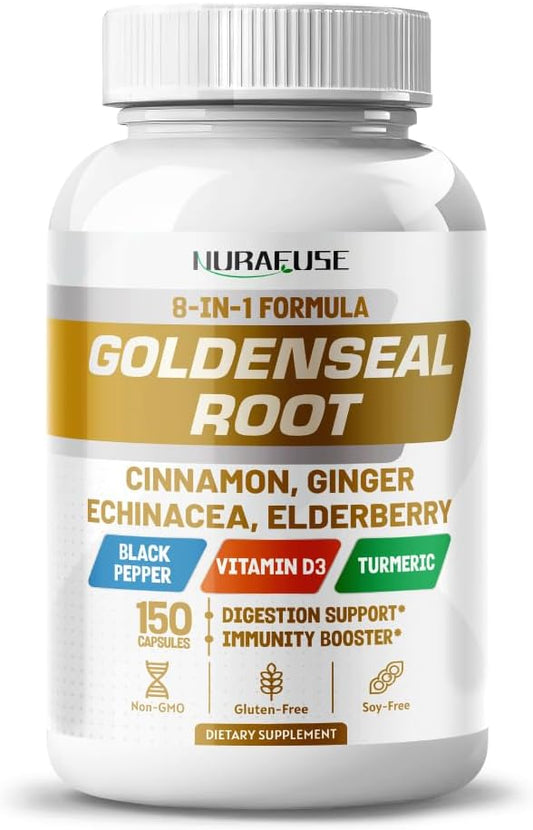 NURAFUSE 8-in-1 Goldenseal Root Formula with Cinnamon, Ginger, Echinacea, Elderberry, Black Pepper, and Vitamin D3 - Non-GMO, Gluten-Free, Soy-Free