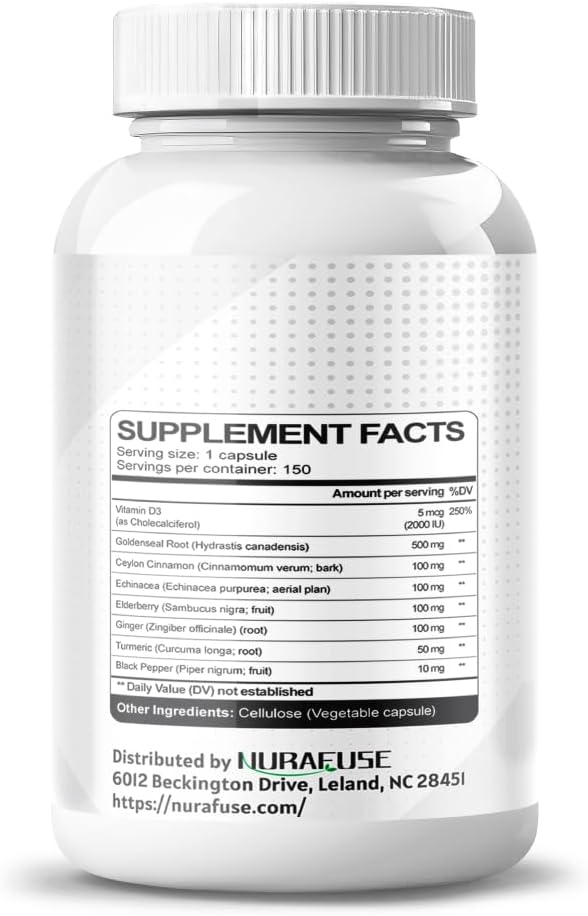 NURAFUSE 8-in-1 Goldenseal Root Formula with Cinnamon, Ginger, Echinacea, Elderberry, Black Pepper, and Vitamin D3 - Non-GMO, Gluten-Free, Soy-Free