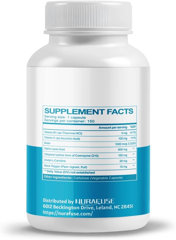 NURAFUSE Alpha Lipoic Acid with CoQ10, B Vitamins, Vitamin C, Biotin, Acetyl-L-Carnitine - USA Made for Cellular Health & Brain Wellness
