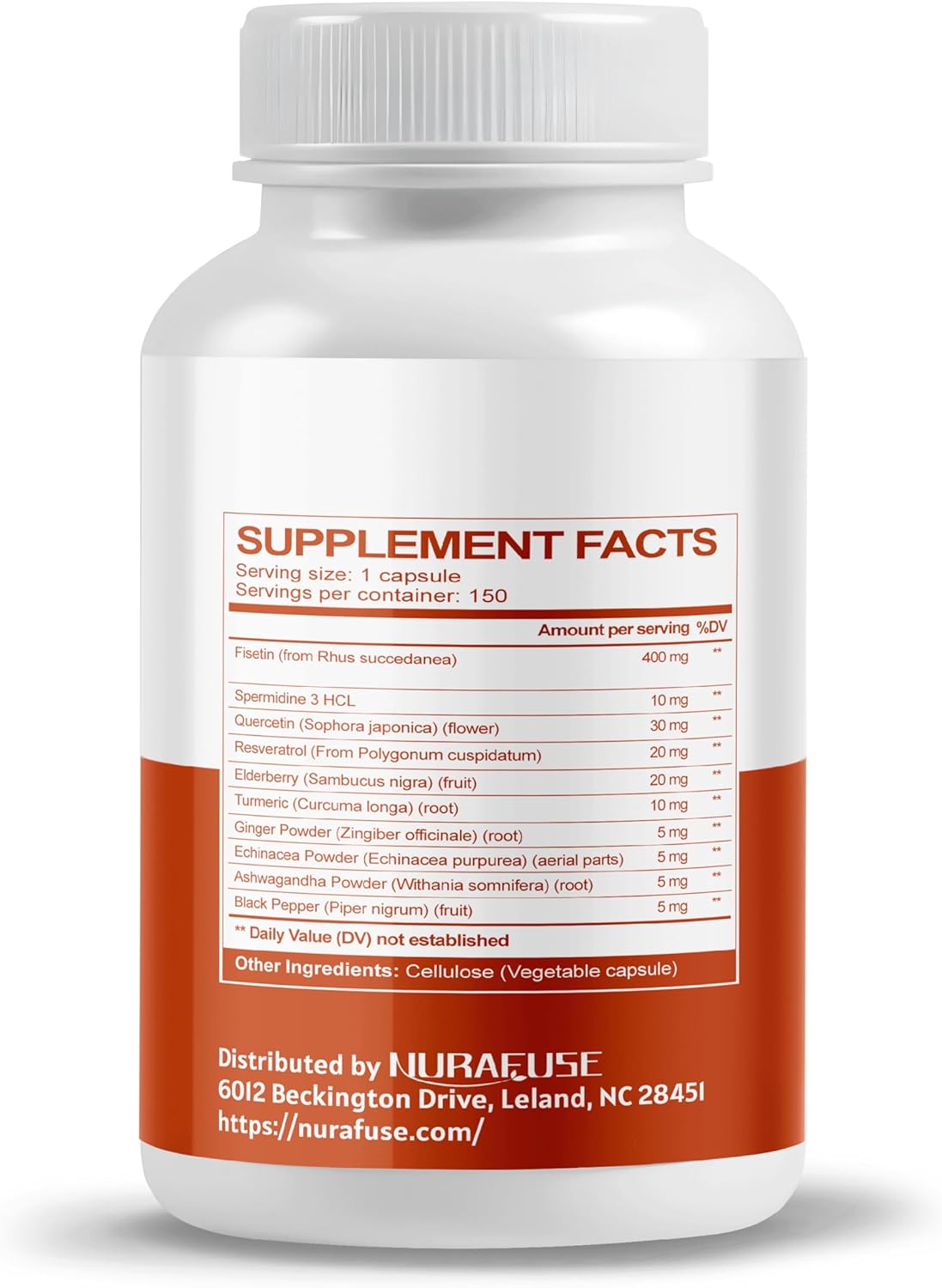 NURAFUSE Fisetin 10-in-1 Formula with Spermidine, Quercetin, Resveratrol, Elderberry, Turmeric - Non-GMO, Gluten-Free, Soy-Free