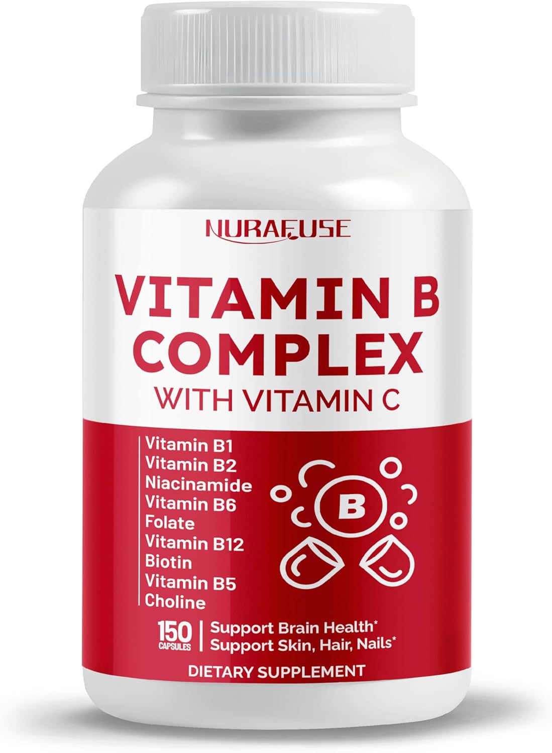 NURAFUSE Vitamin B Complex with Vitamin C - Supports Brain Health, Energy, Skin, Hair, Nails - USA Made & Tested