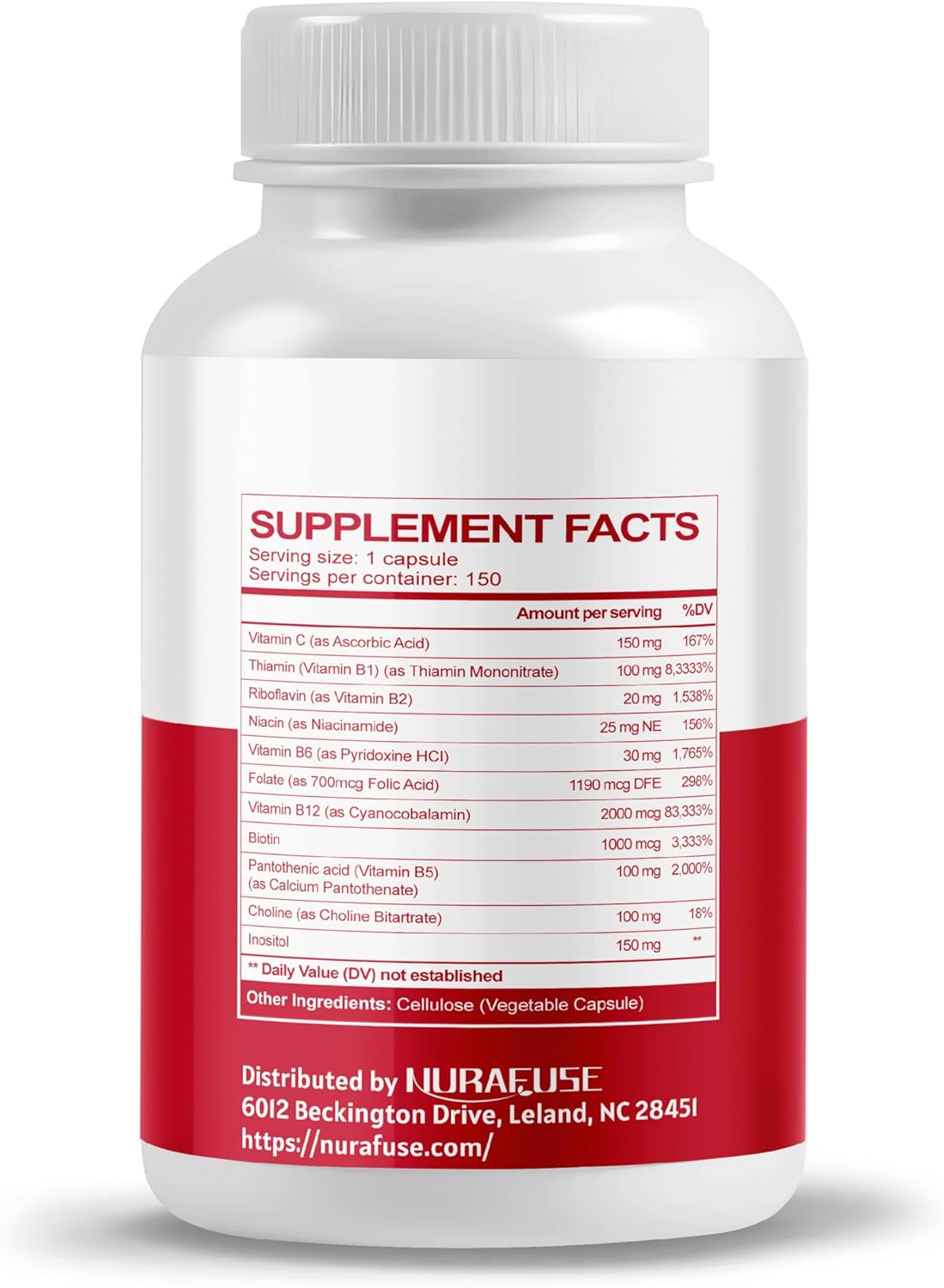 NURAFUSE Vitamin B Complex with Vitamin C - Supports Brain Health, Energy, Skin, Hair, Nails - USA Made & Tested