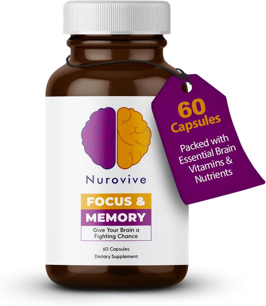Nurovive Brain Health Supplement with Vitamin B12, B1, B3, B5 & Taurine - 60 Capsules for Focus & Memory Support