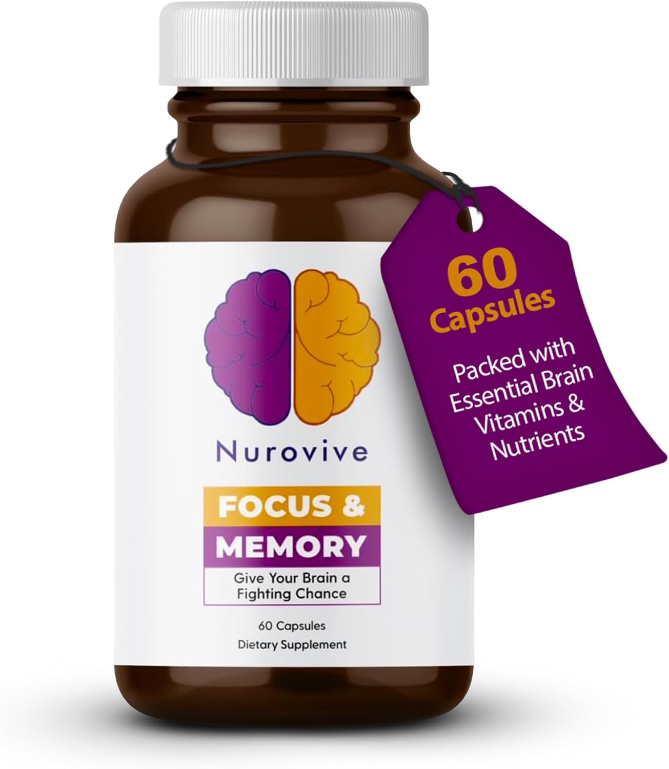 Nurovive Brain Health Supplement with Vitamin B12, B1, B3, B5 & Taurine - 60 Capsules for Focus & Memory Support