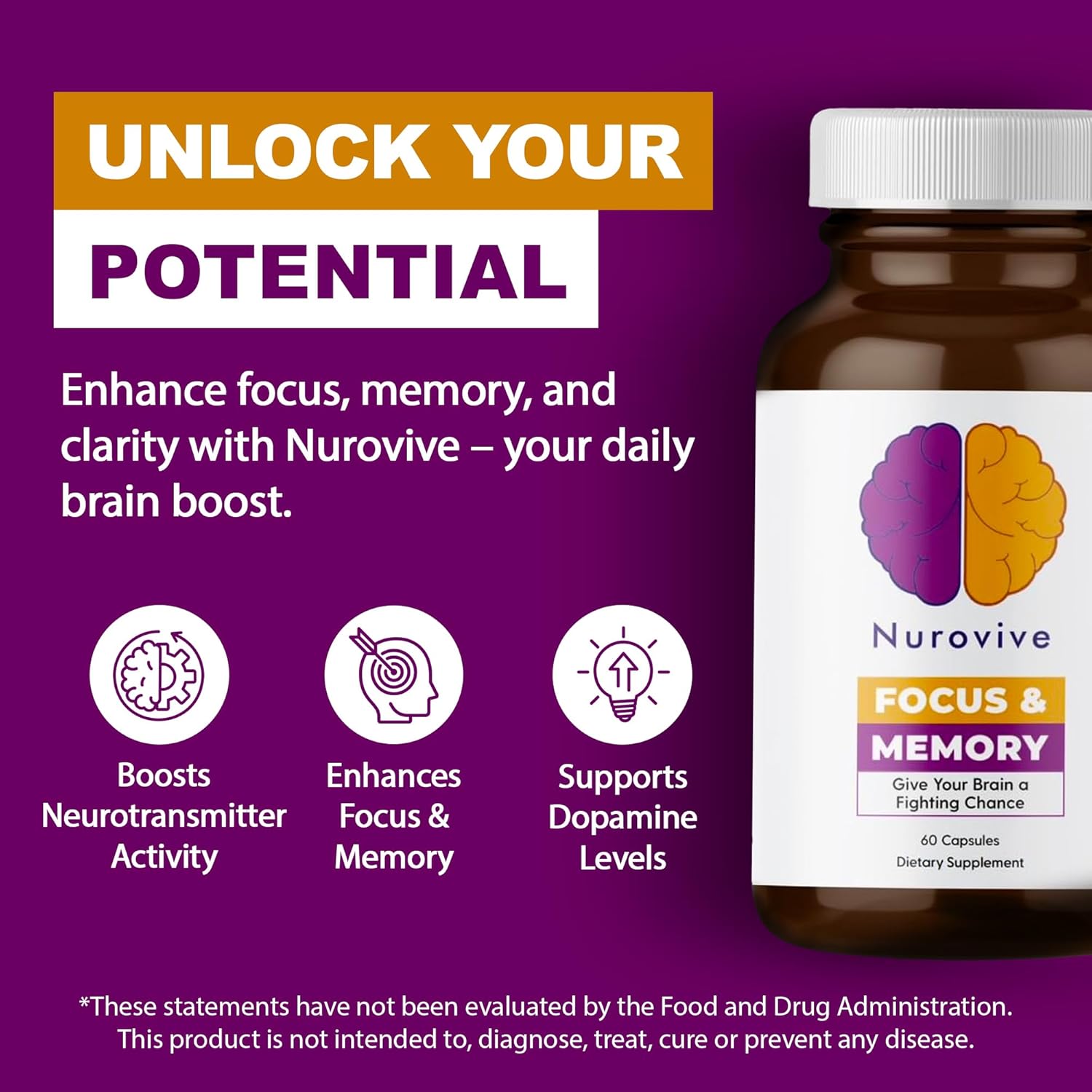 Nurovive Brain Health Supplement with Vitamin B12, B1, B3, B5 & Taurine - 60 Capsules for Focus & Memory Support