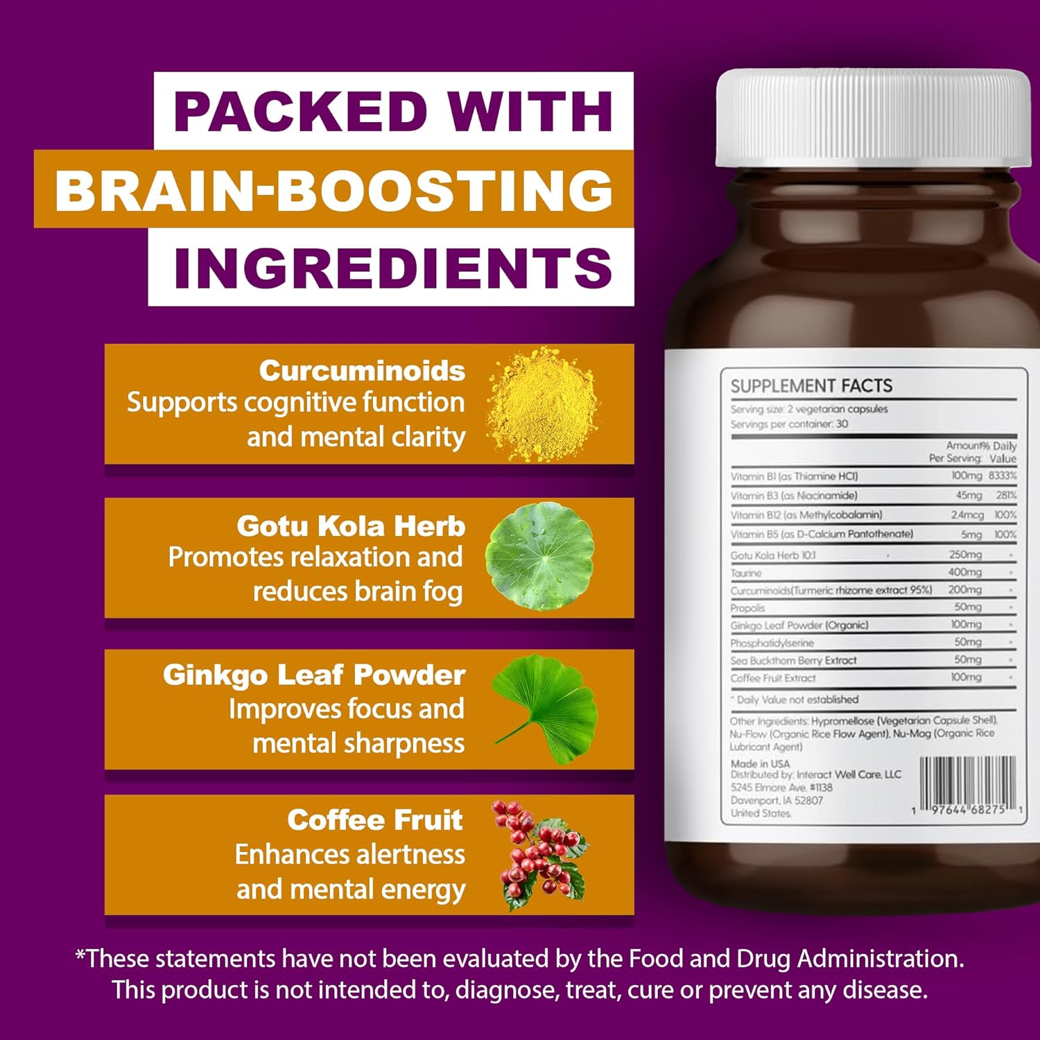 Nurovive Brain Health Supplement with Vitamin B12, B1, B3, B5 & Taurine - 60 Capsules for Focus & Memory Support