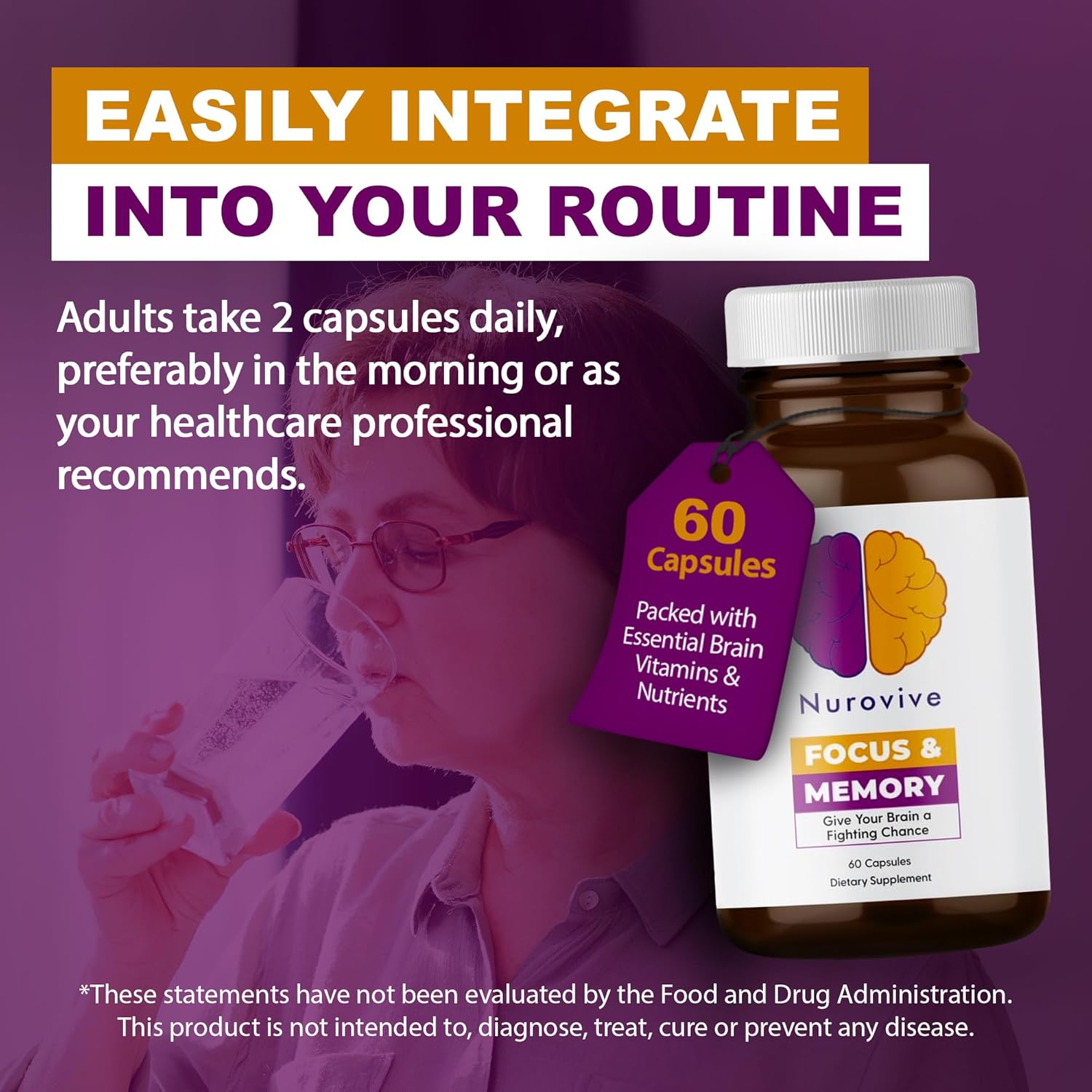 Nurovive Brain Health Supplement with Vitamin B12, B1, B3, B5 & Taurine - 60 Capsules for Focus & Memory Support