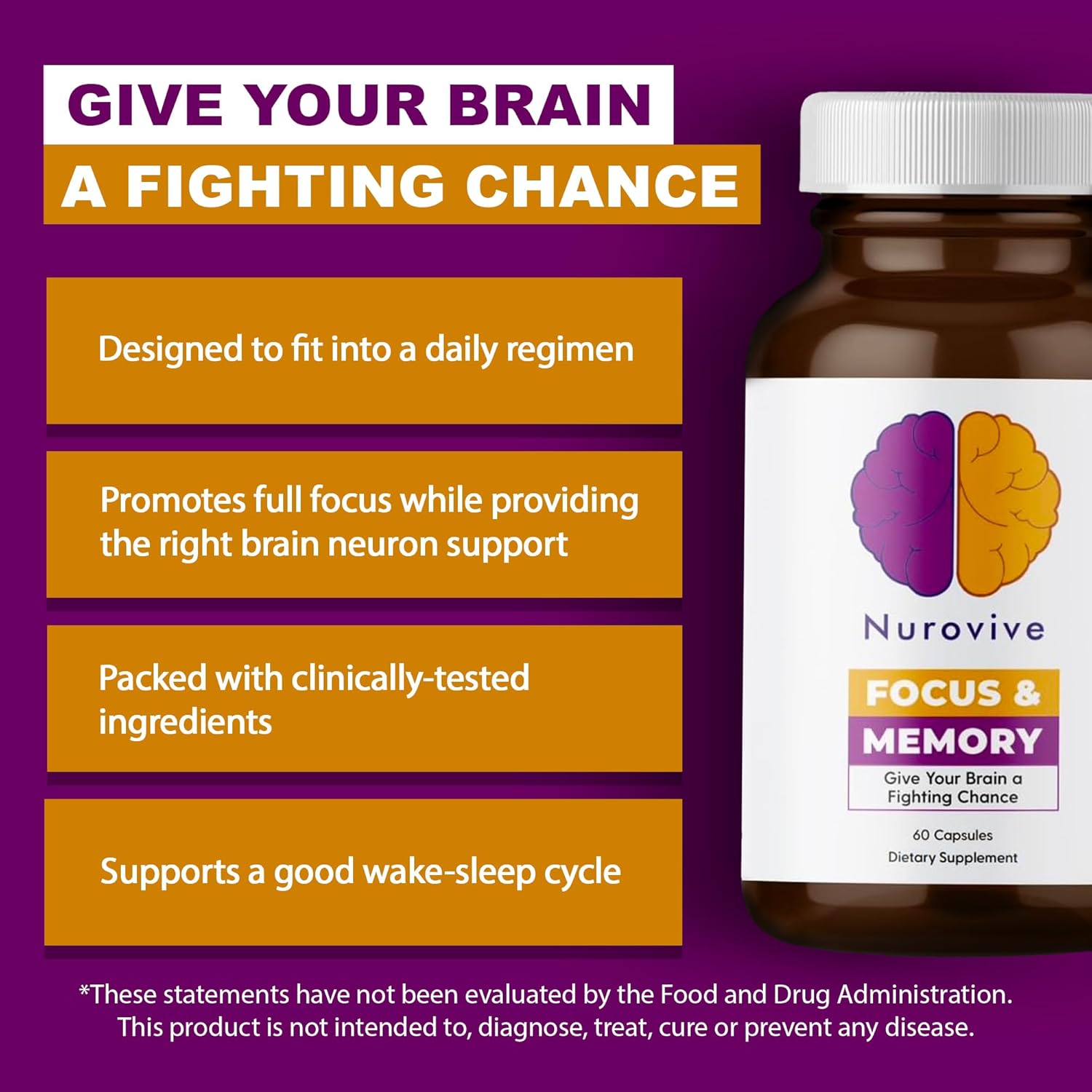 Nurovive Brain Health Supplement with Vitamin B12, B1, B3, B5 & Taurine - 60 Capsules for Focus & Memory Support